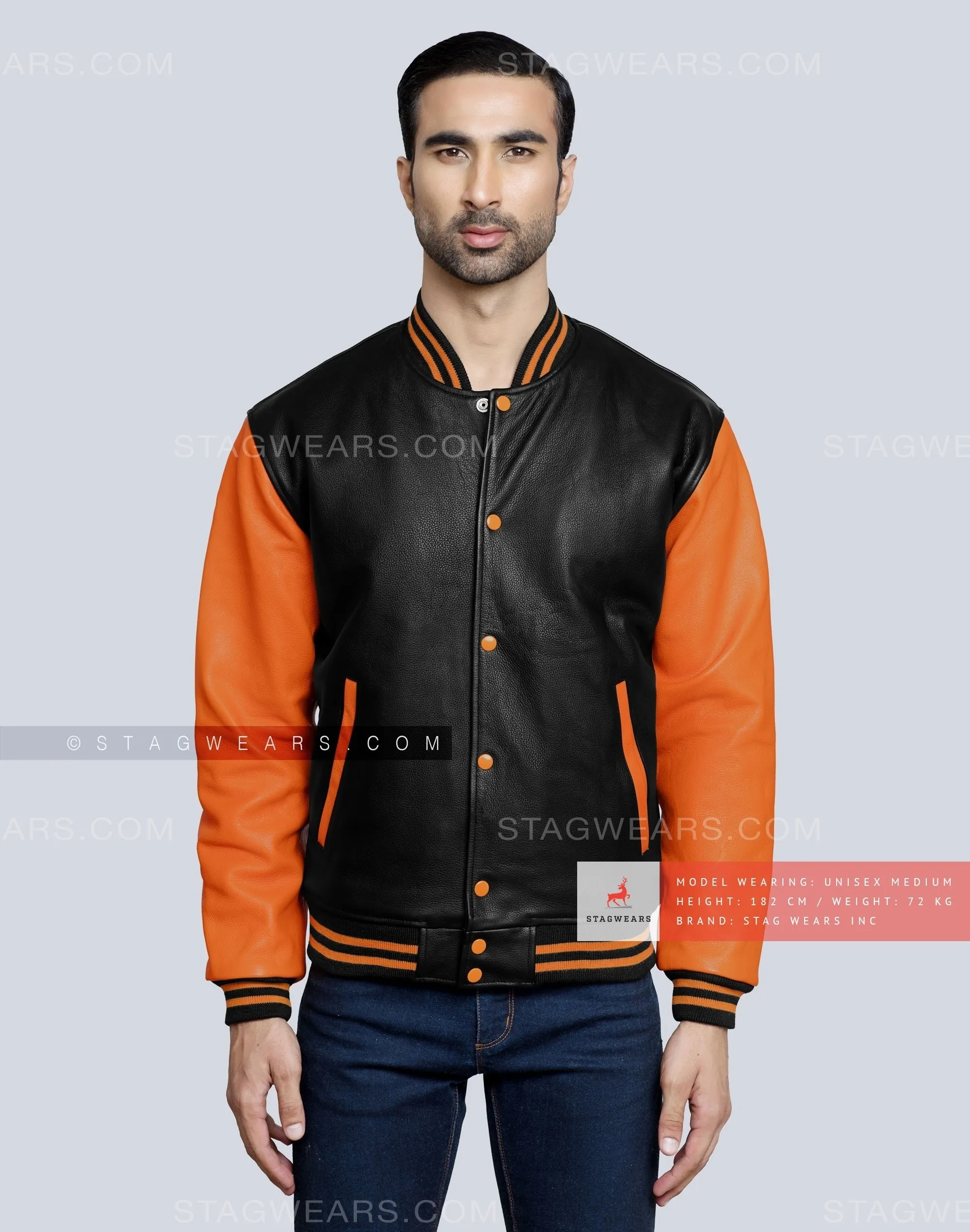 Leather Varsity Jacket with Black Body and Orange Sleeves