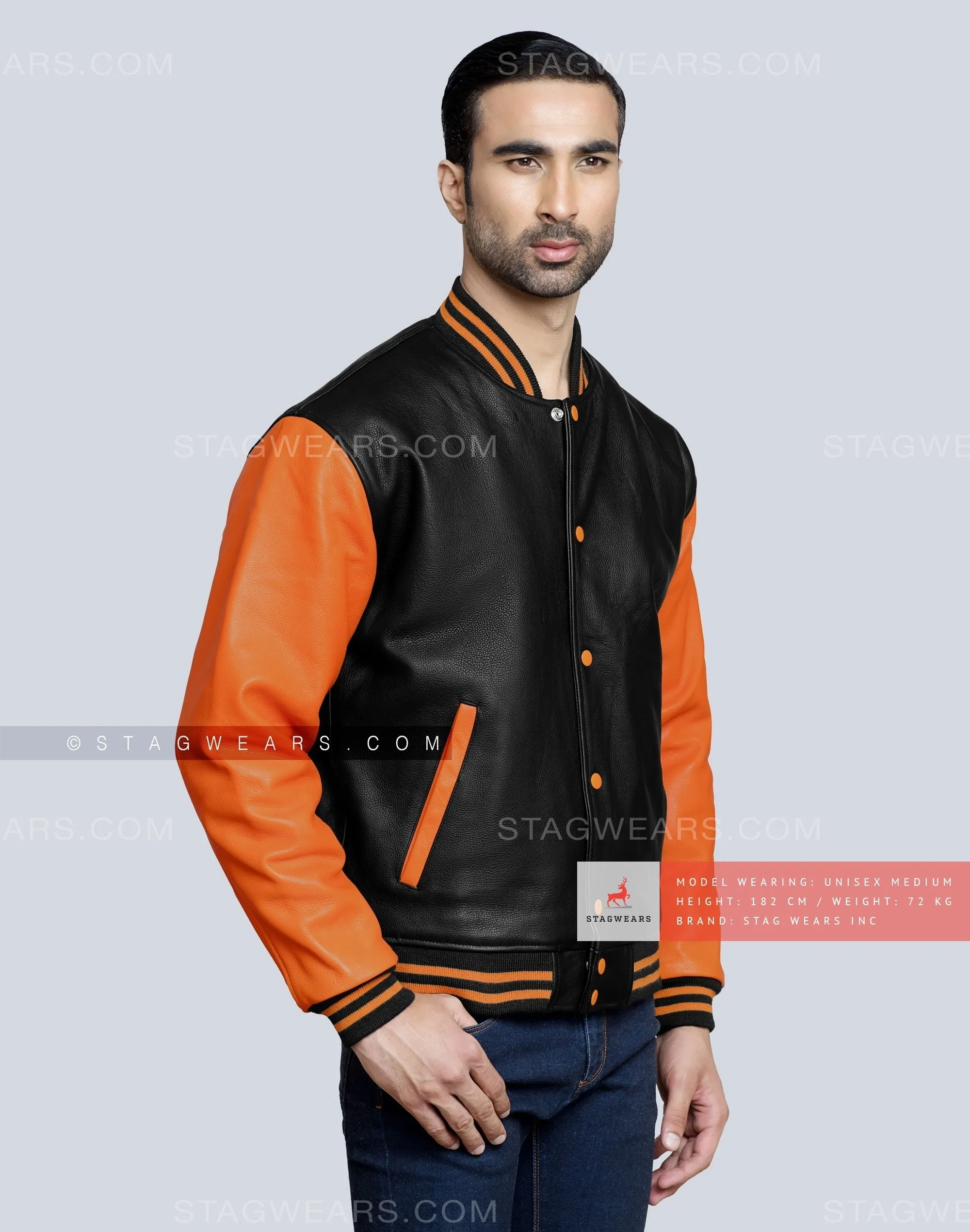 Leather Varsity Jacket with Black Body and Orange Sleeves