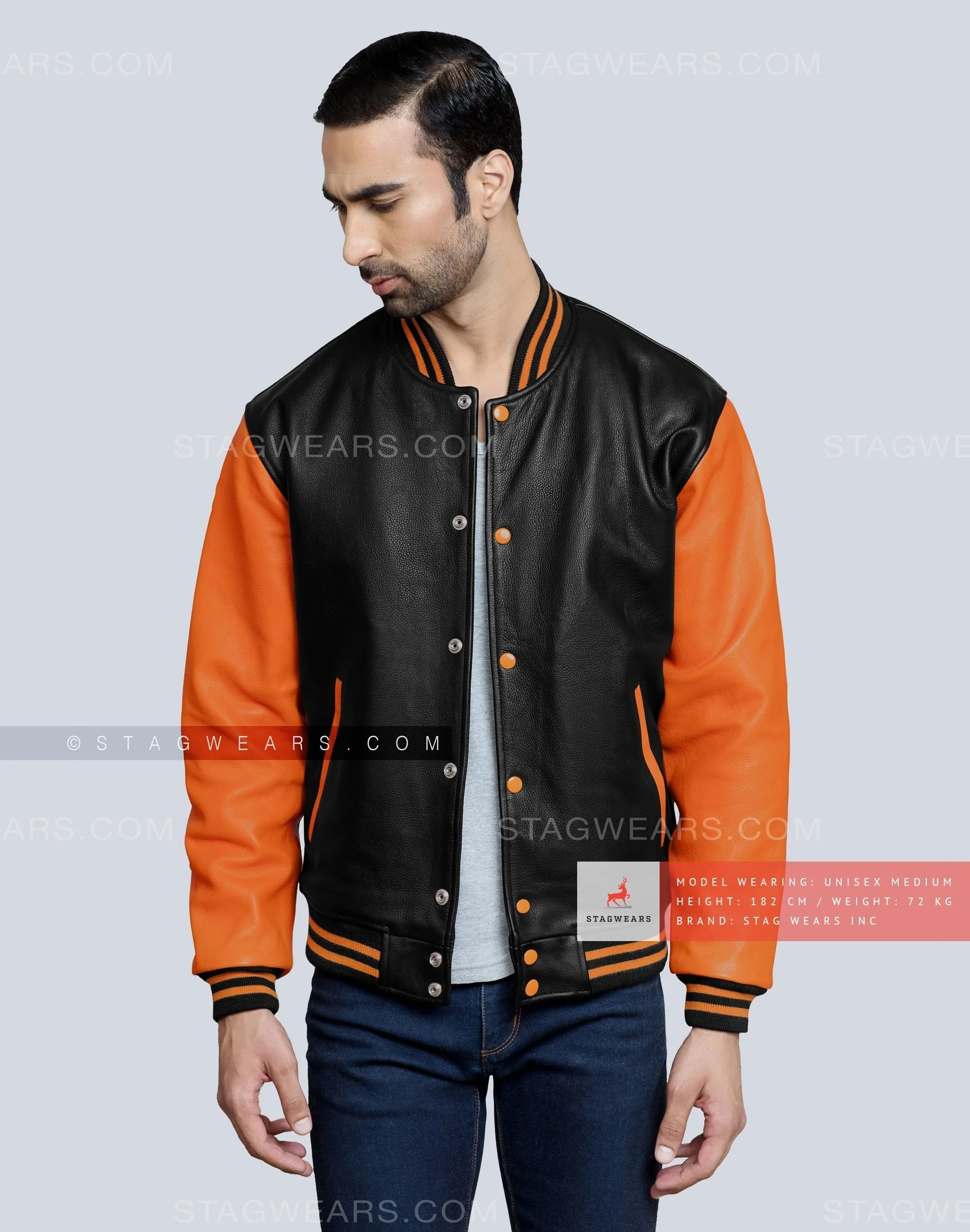 Leather Varsity Jacket with Black Body and Orange Sleeves