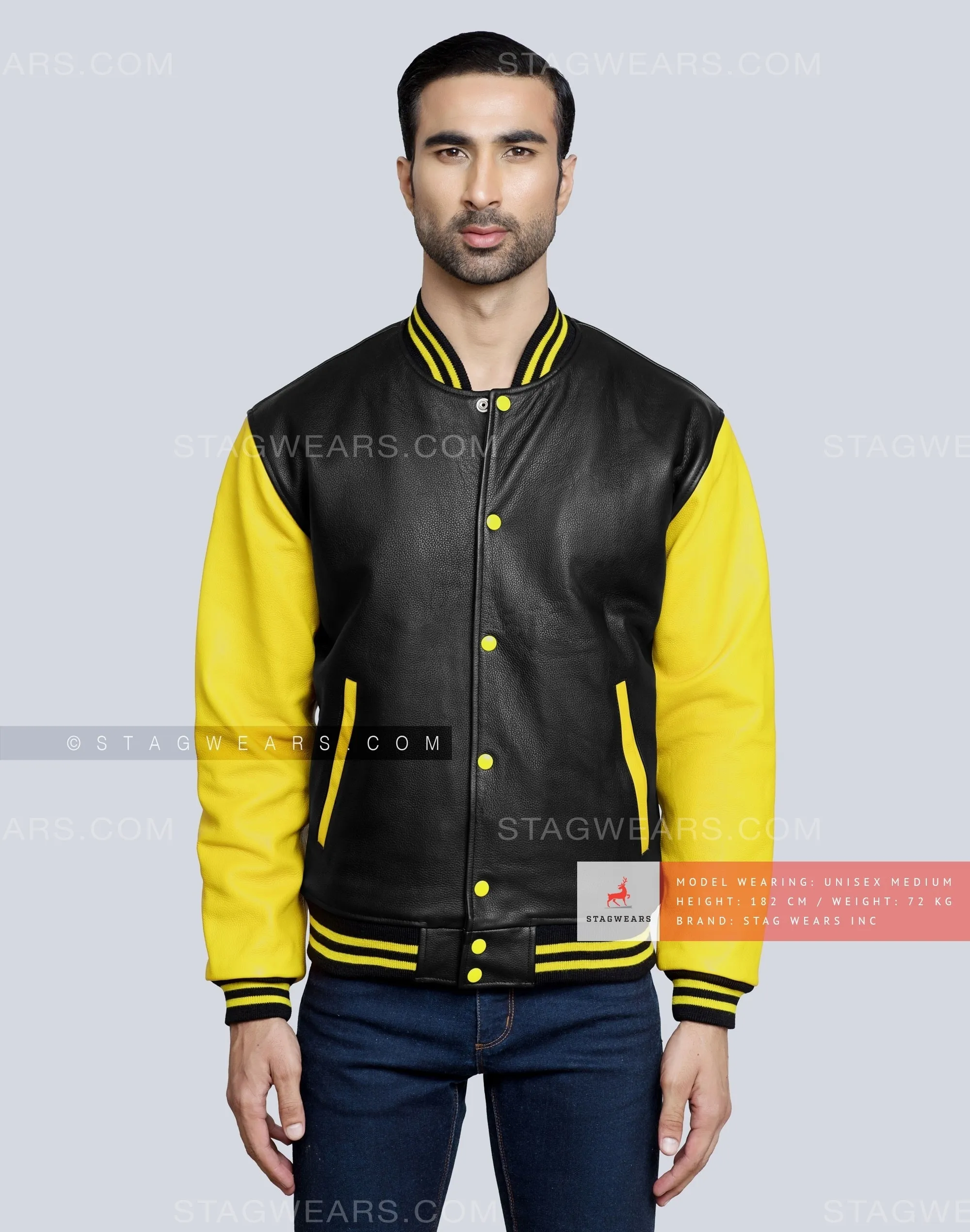 Leather Varsity Jacket with Black Body and Yellow Sleeves