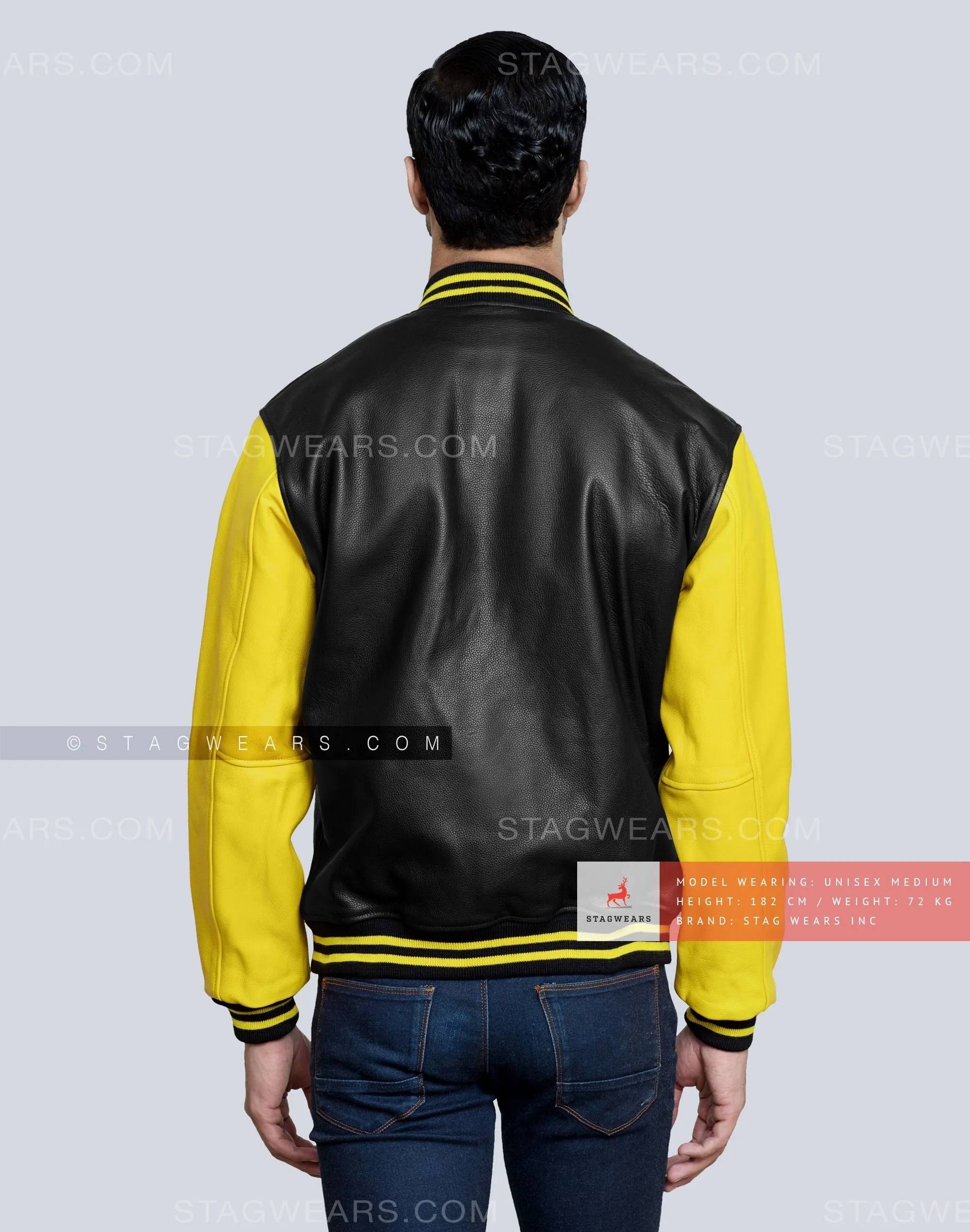 Leather Varsity Jacket with Black Body and Yellow Sleeves