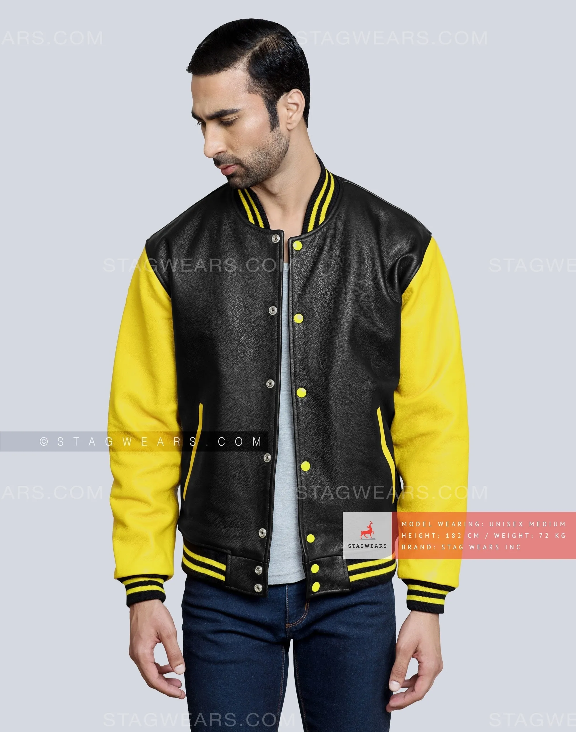 Leather Varsity Jacket with Black Body and Yellow Sleeves