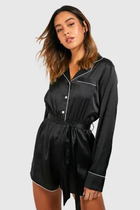 Long Sleeve Tie Waist Satin Romper