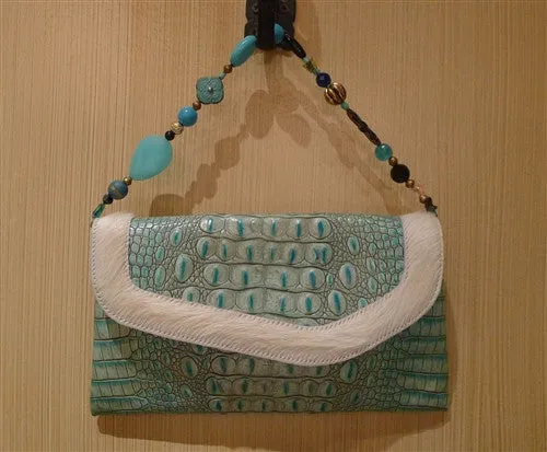 Malini Murjani Turquoise Croc Embossed Handbag with Jeweled Strap