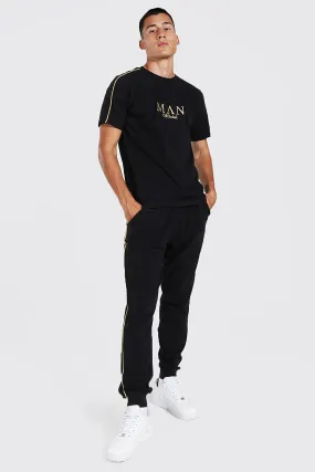 Man Gold T-Shirt And Joggers Set With Piping