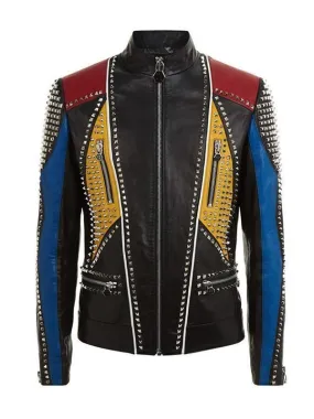 Men’s Studded Slimfit Multicolor Leather Jacket