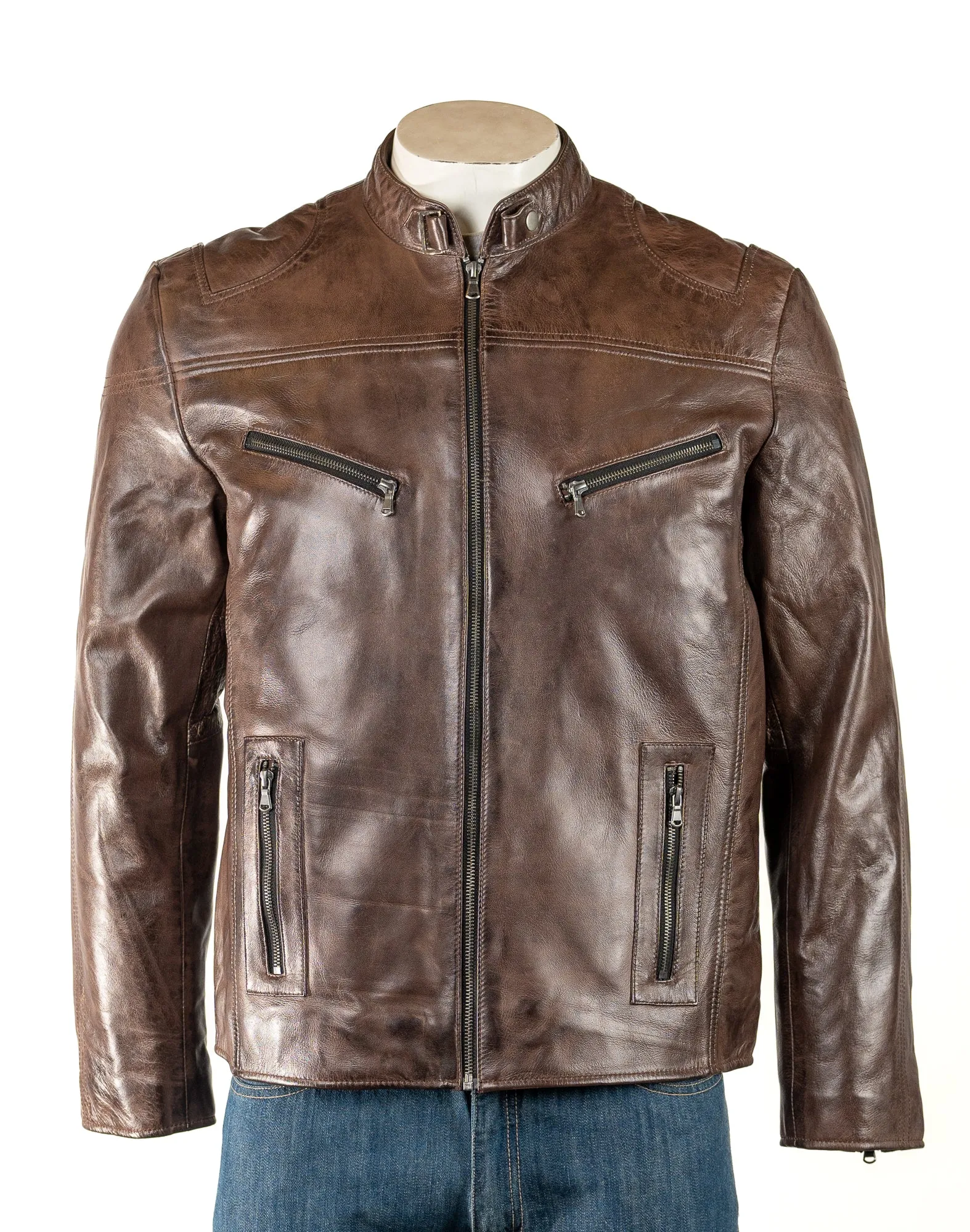 Men's Antique Brown Stitch detail Biker Style Leather Jacket: Eli