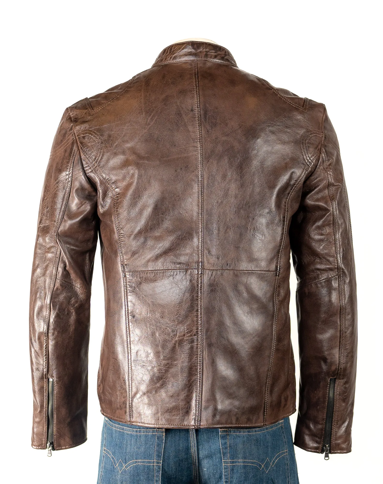 Men's Antique Brown Stitch detail Biker Style Leather Jacket: Eli