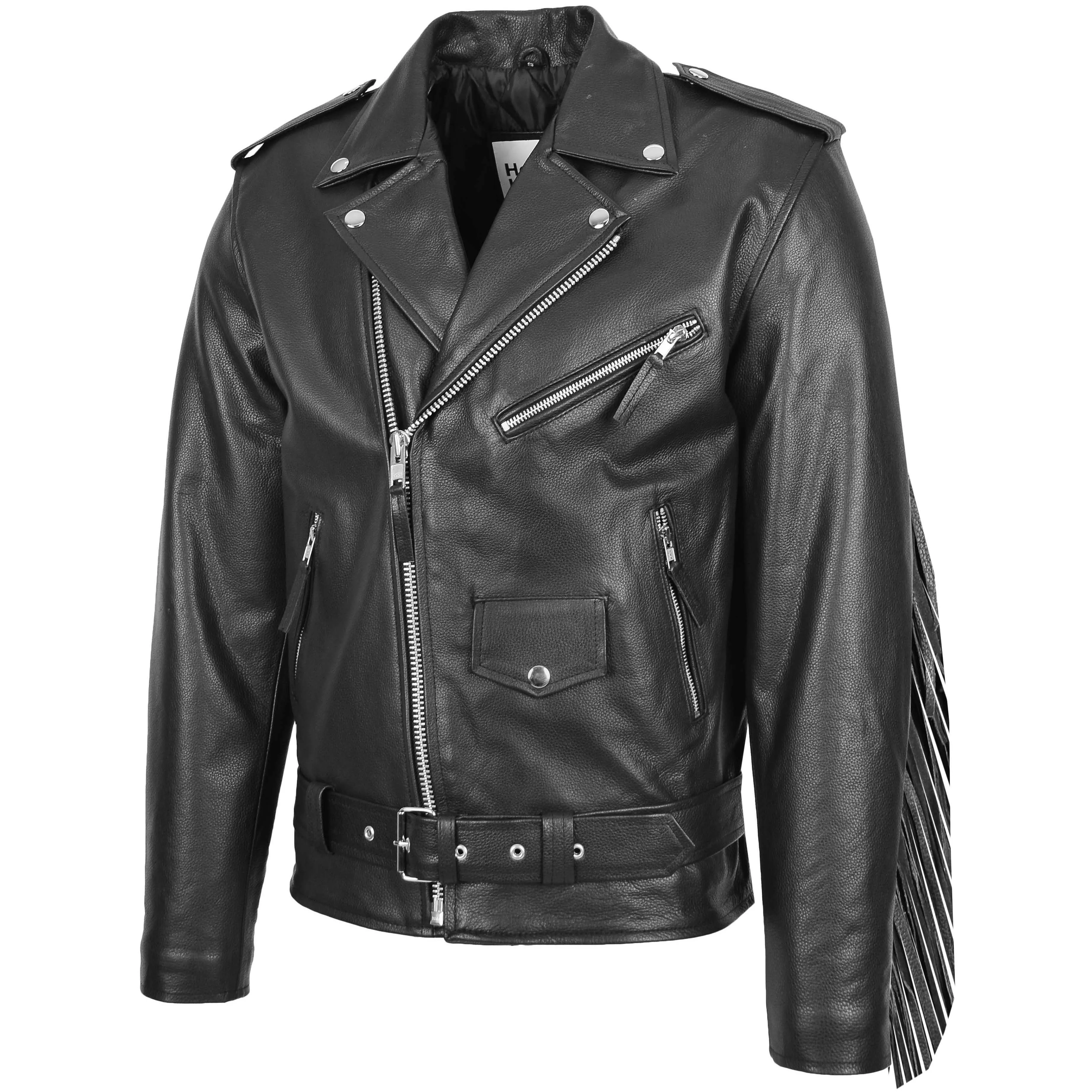 Mens Biker Brando Leather Jacket with Fringes Wayne Black