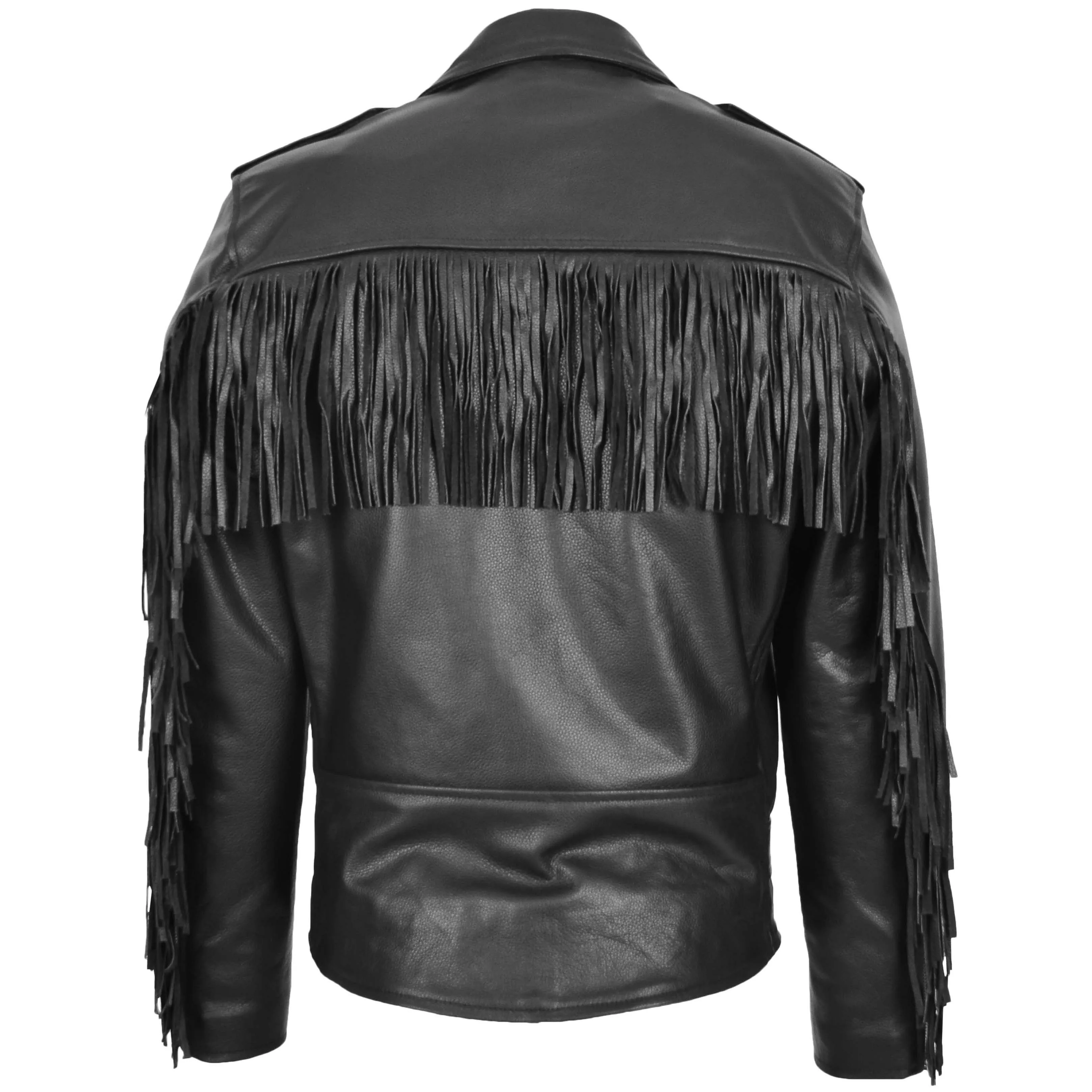 Mens Biker Brando Leather Jacket with Fringes Wayne Black