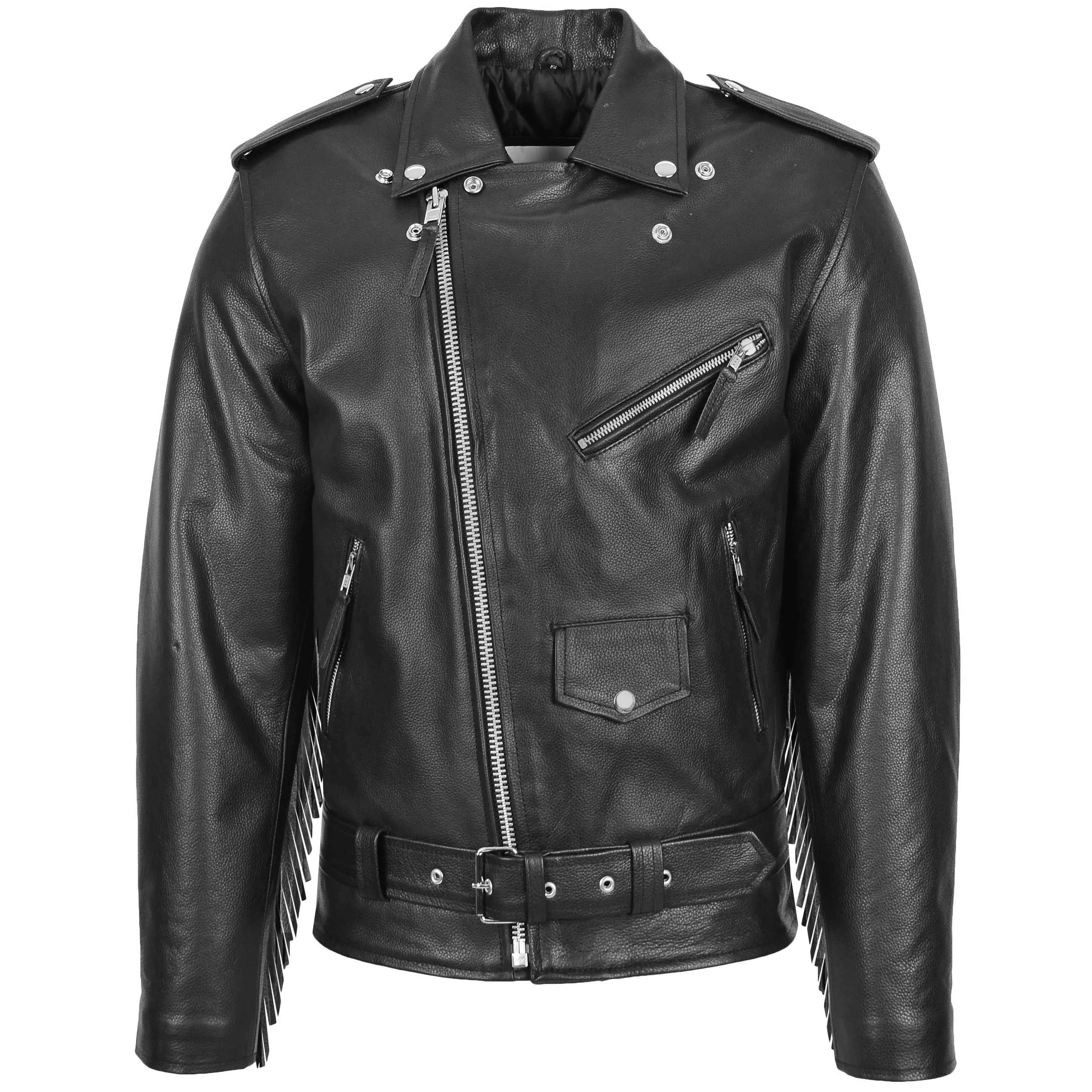 Mens Biker Brando Leather Jacket with Fringes Wayne Black