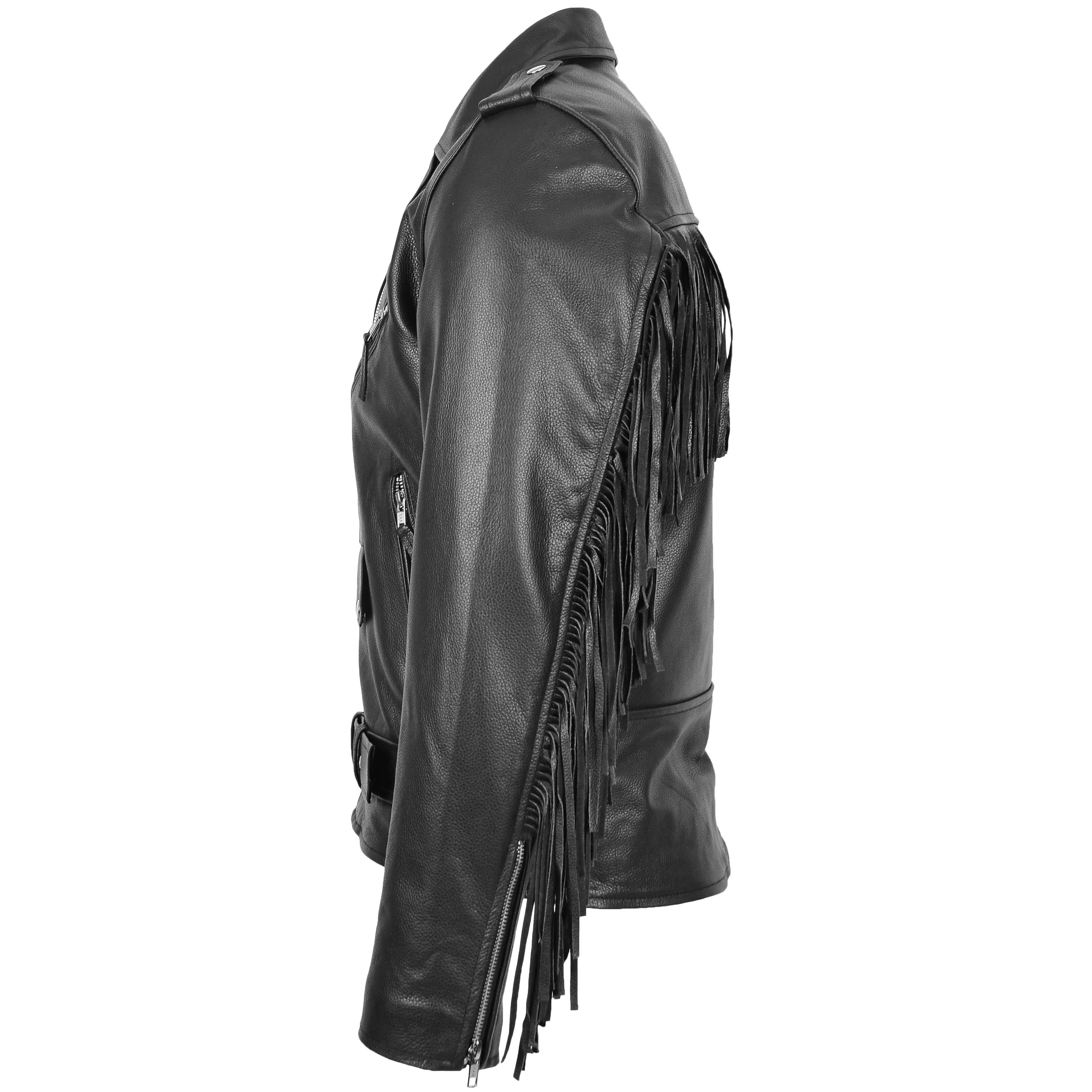 Mens Biker Brando Leather Jacket with Fringes Wayne Black