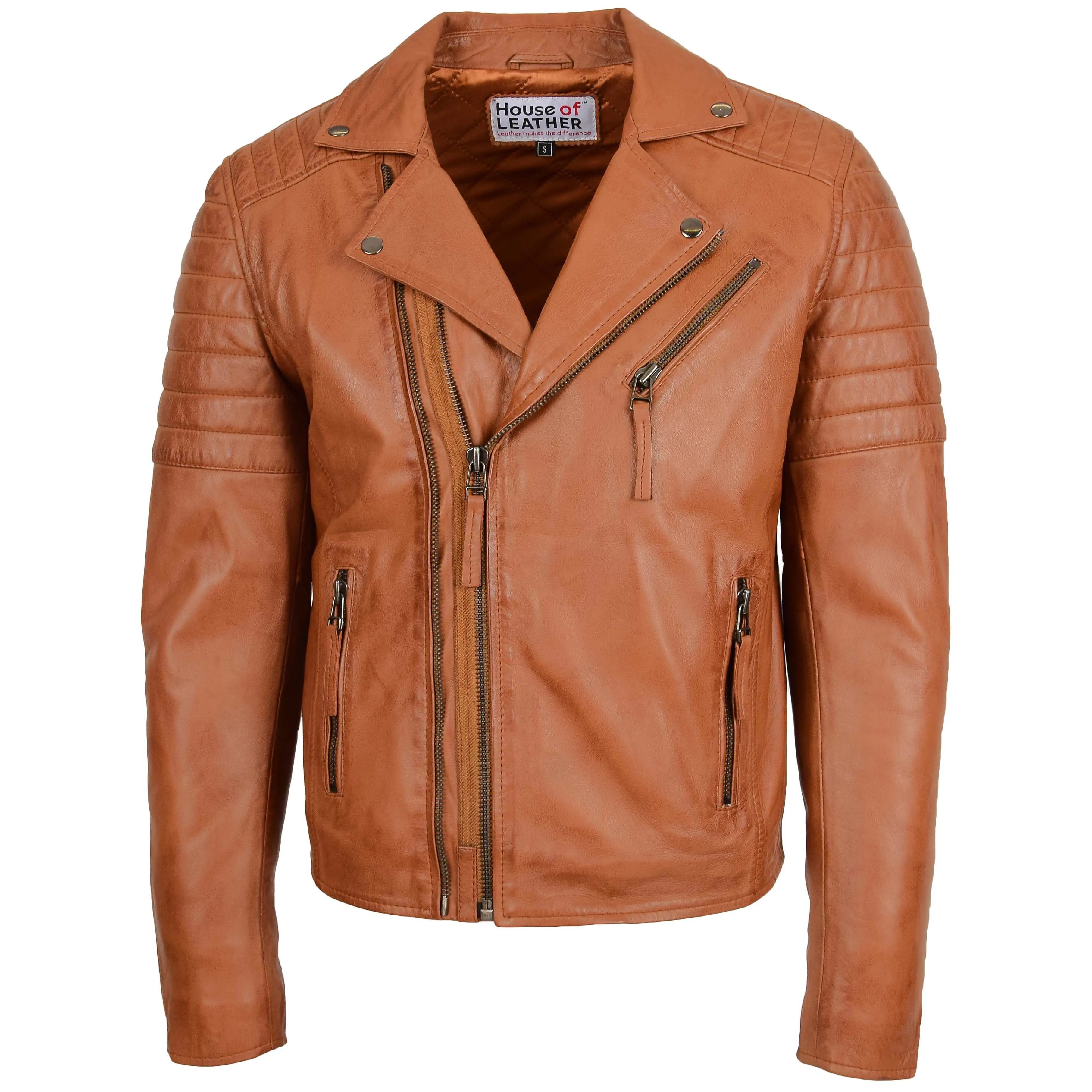 Mens Biker Leather Jacket Dual Zip Hook Tan