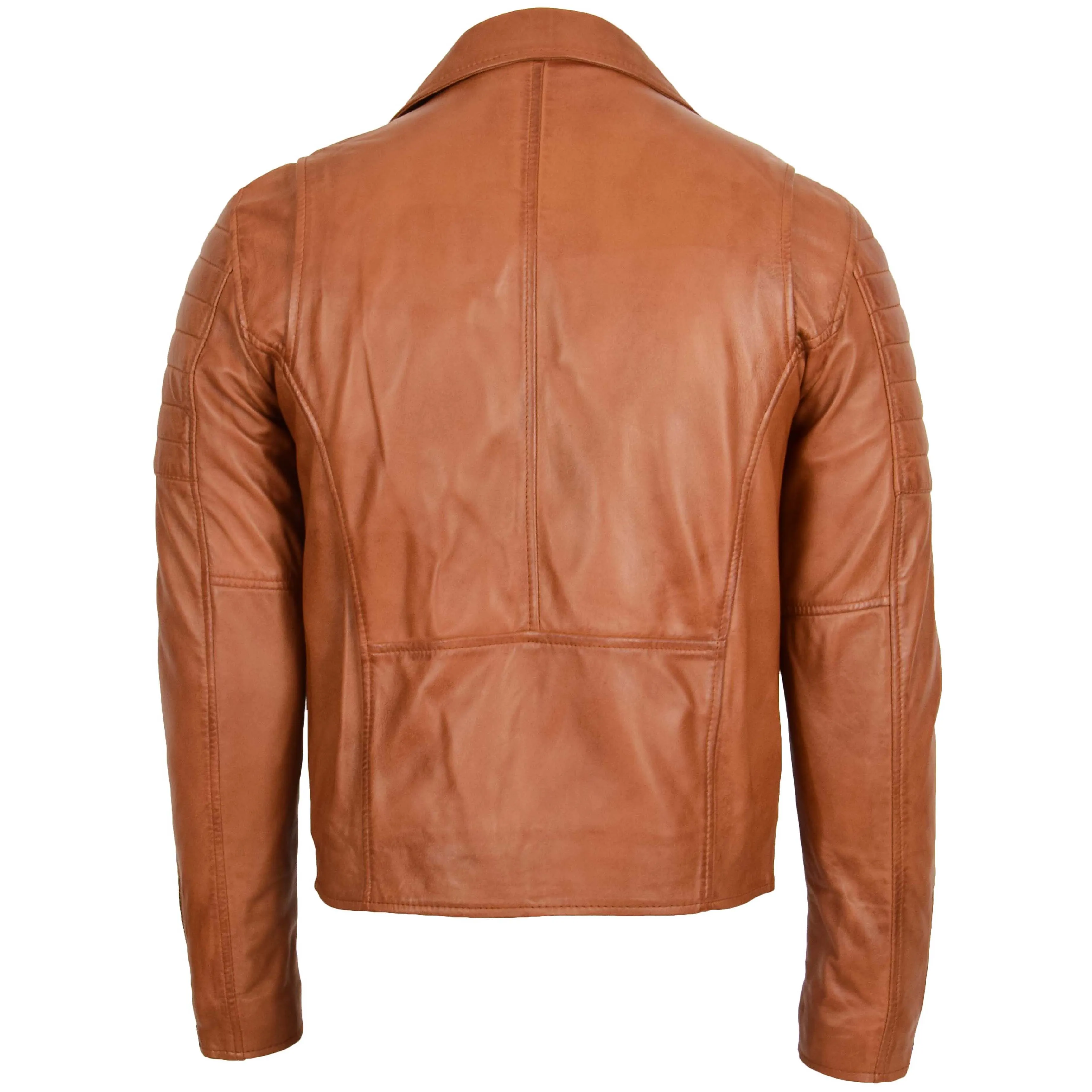 Mens Biker Leather Jacket Dual Zip Hook Tan