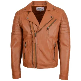 Mens Biker Leather Jacket Dual Zip Hook Tan