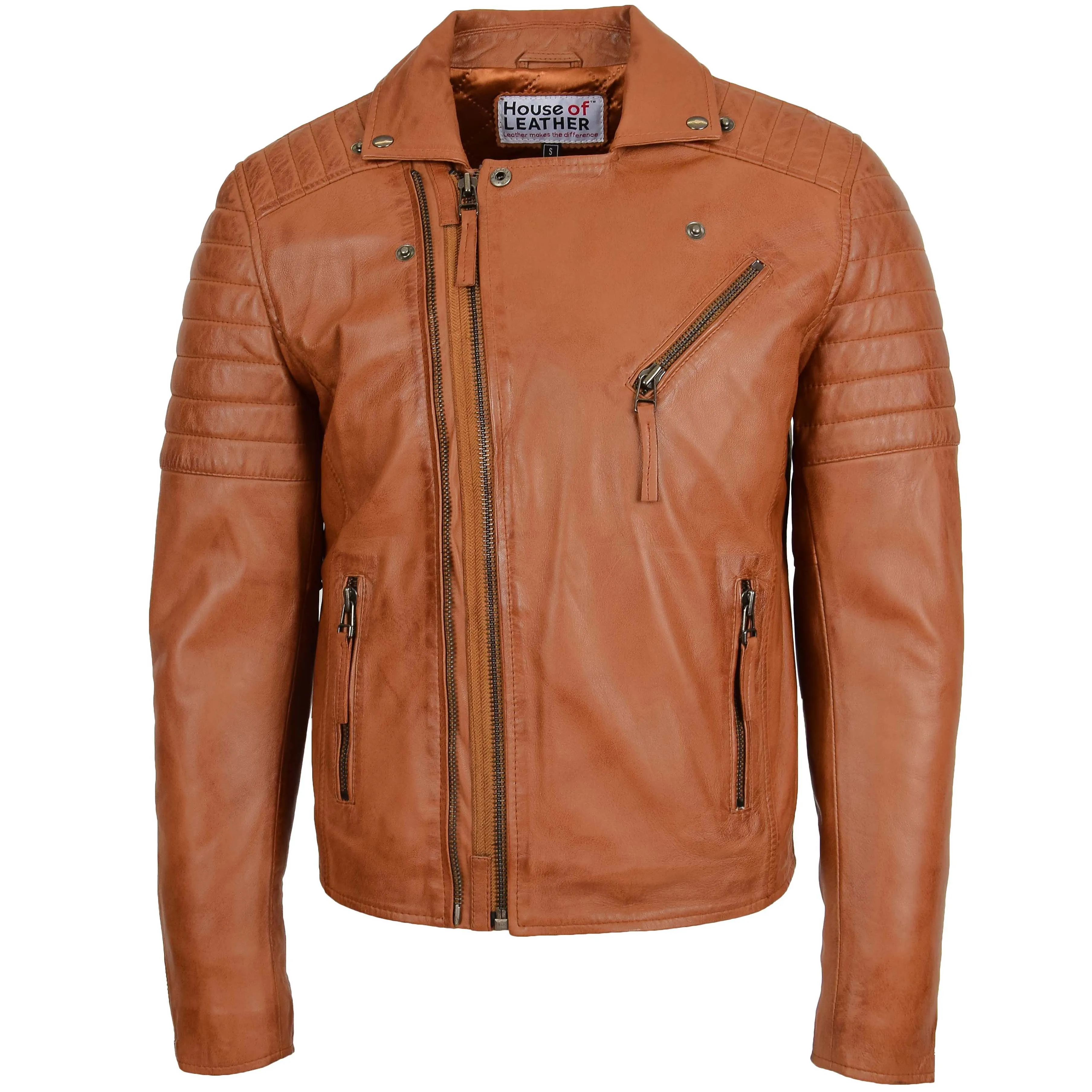 Mens Biker Leather Jacket Dual Zip Hook Tan