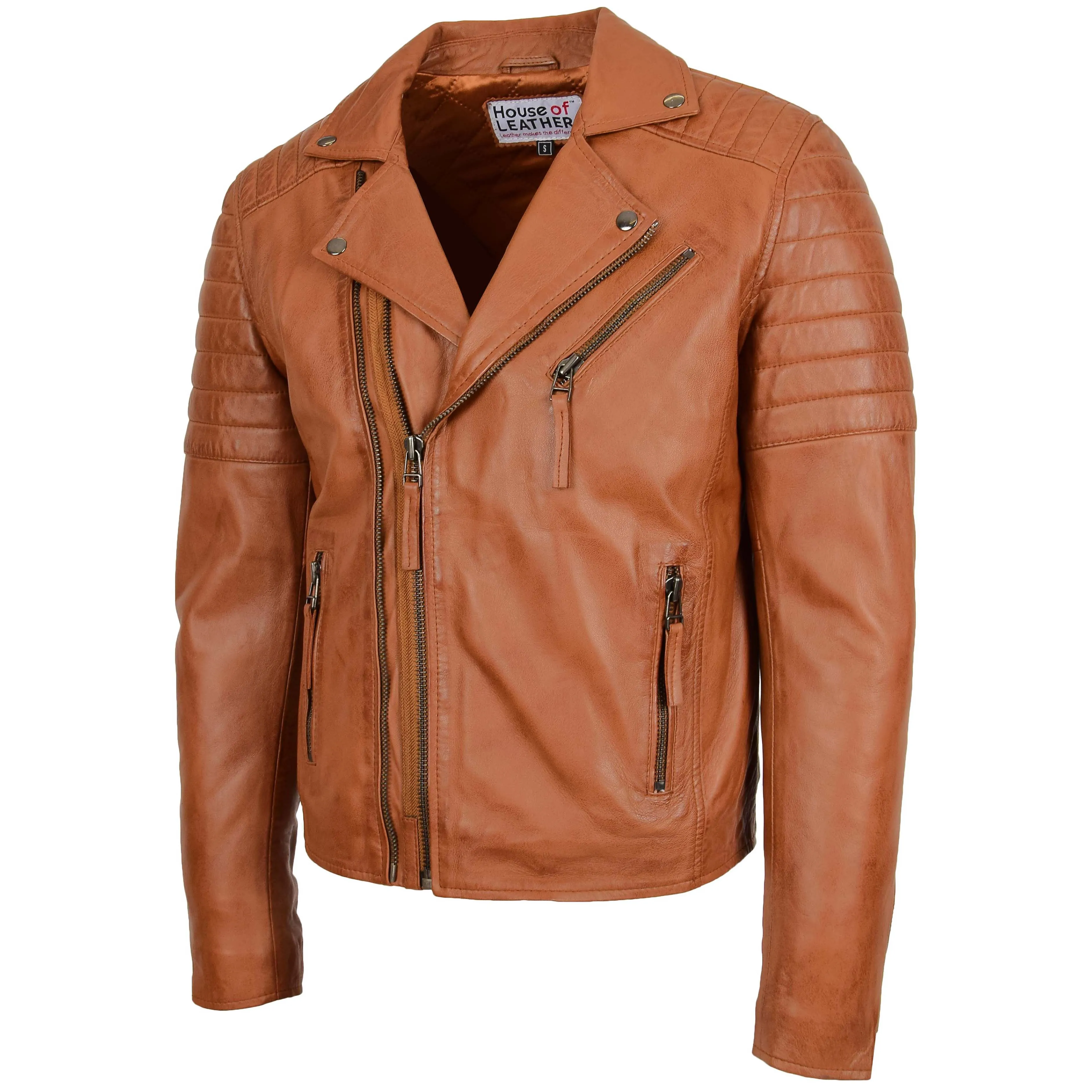 Mens Biker Leather Jacket Dual Zip Hook Tan