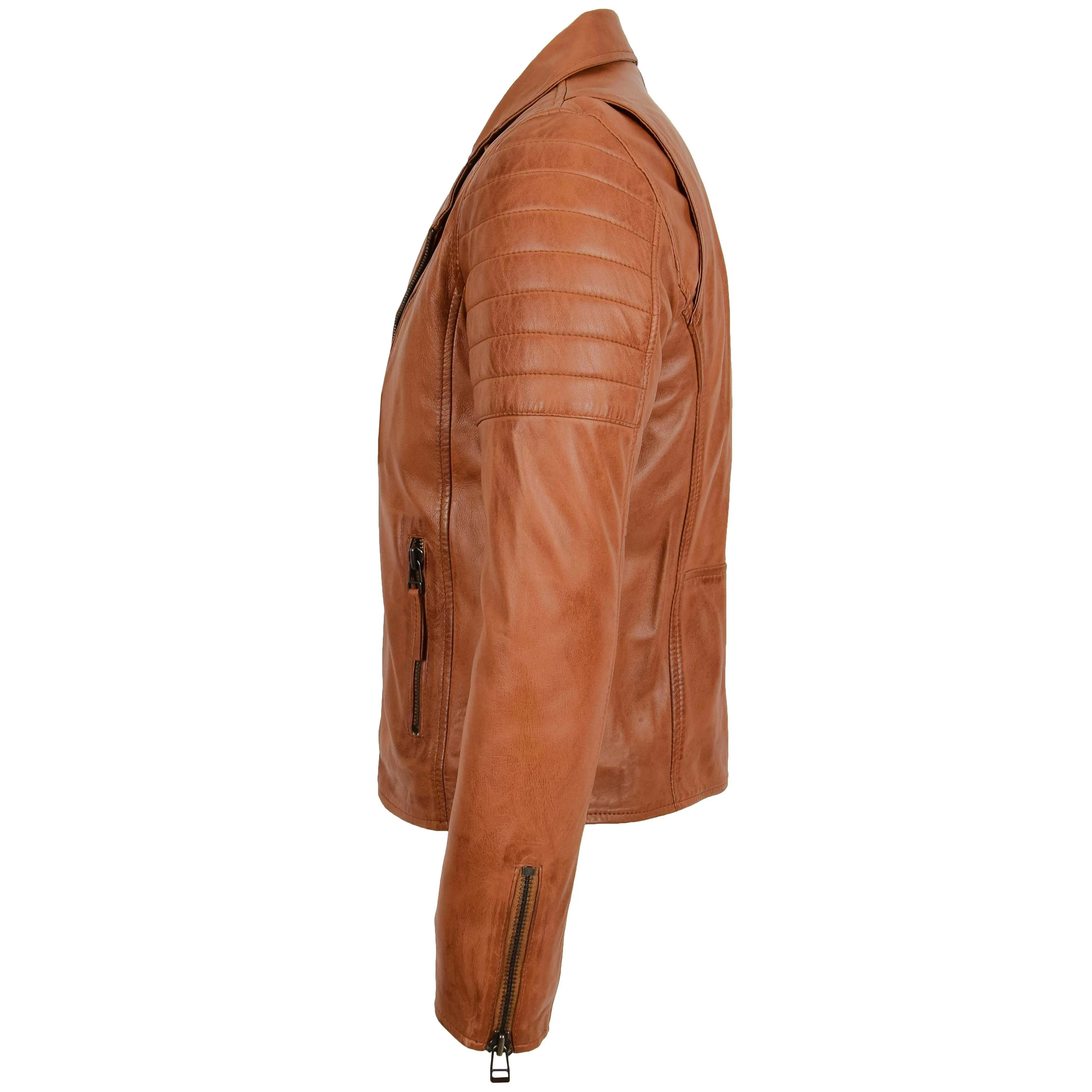 Mens Biker Leather Jacket Dual Zip Hook Tan