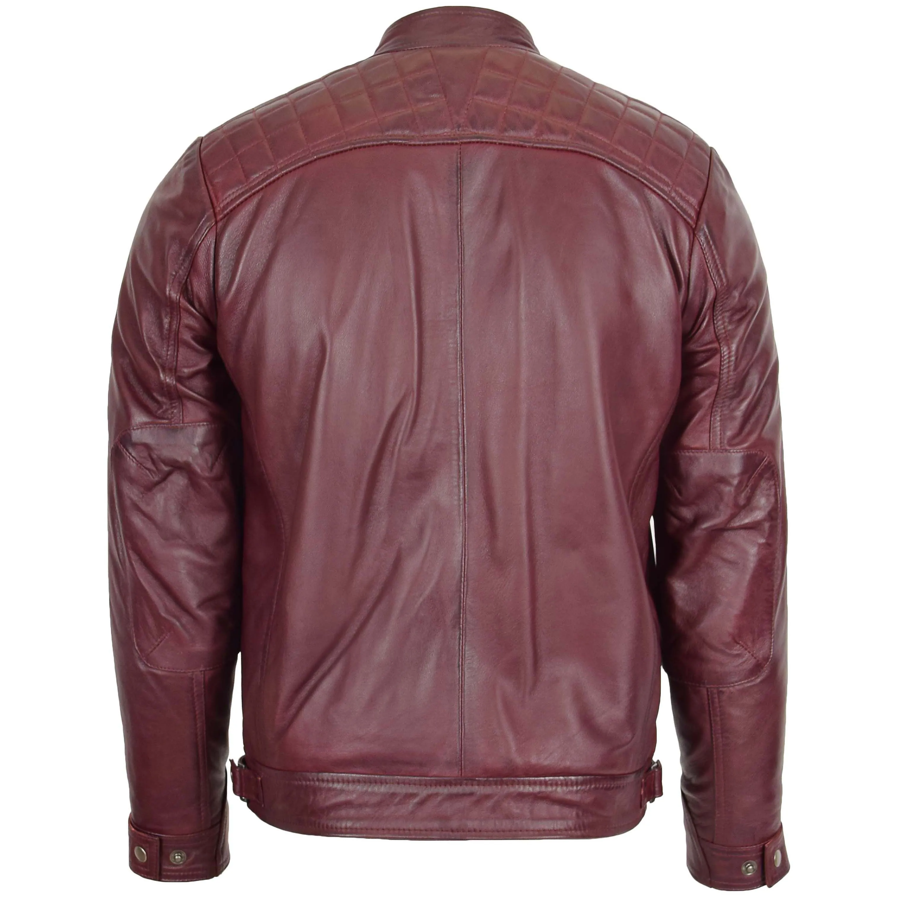 Mens Biker Leather Jacket Standing Collar Bowie Burgundy