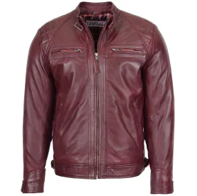 Mens Biker Leather Jacket Standing Collar Bowie Burgundy