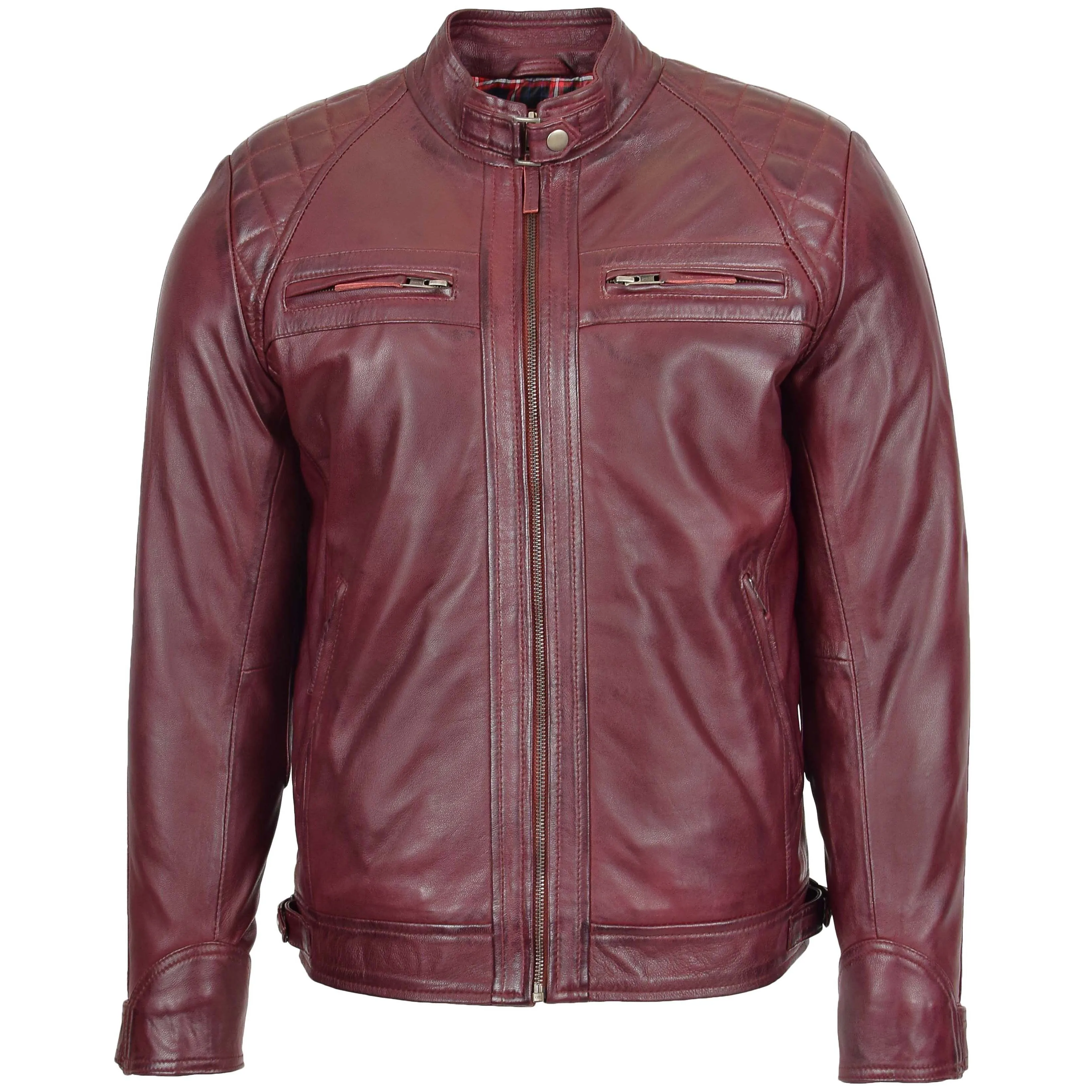 Mens Biker Leather Jacket Standing Collar Bowie Burgundy