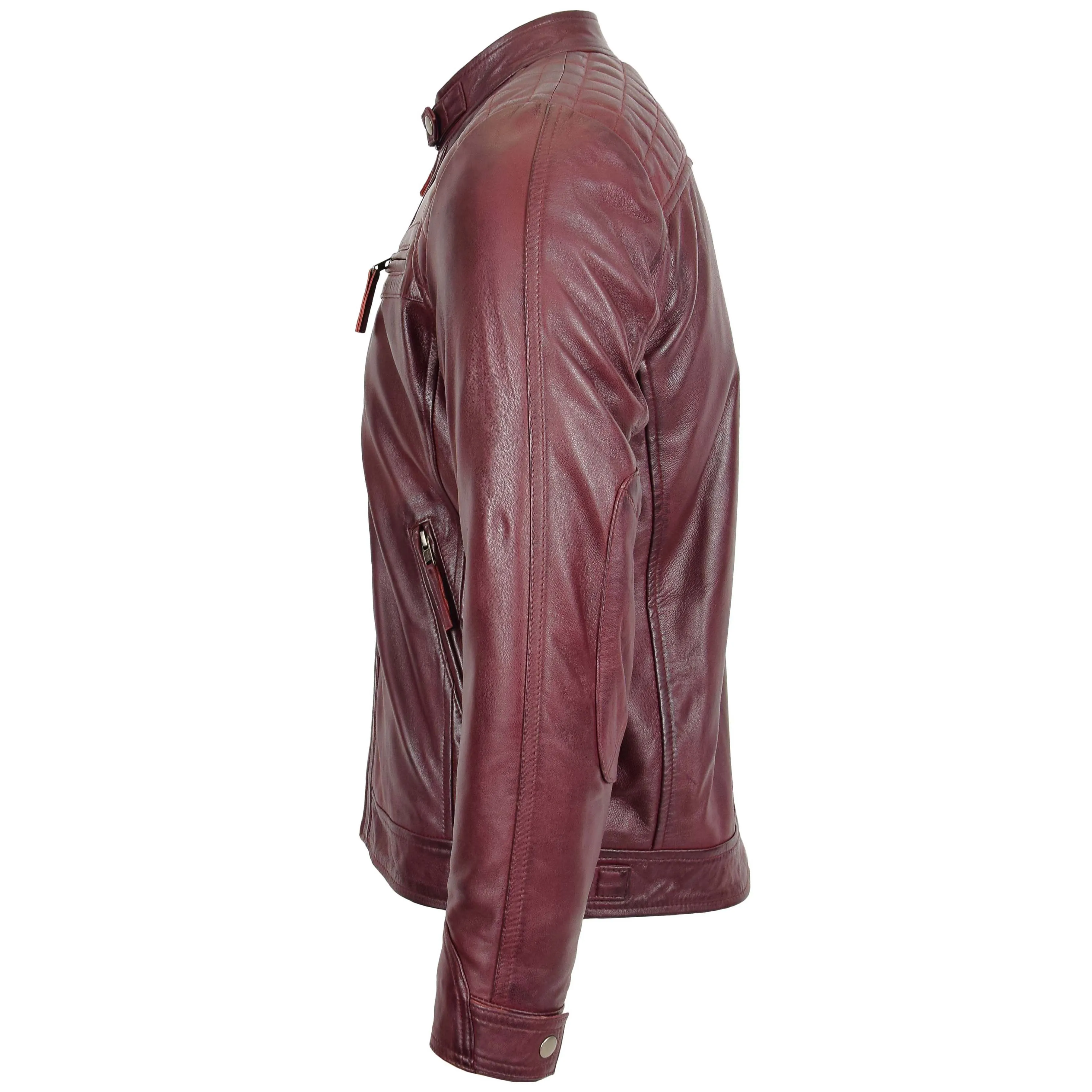 Mens Biker Leather Jacket Standing Collar Bowie Burgundy