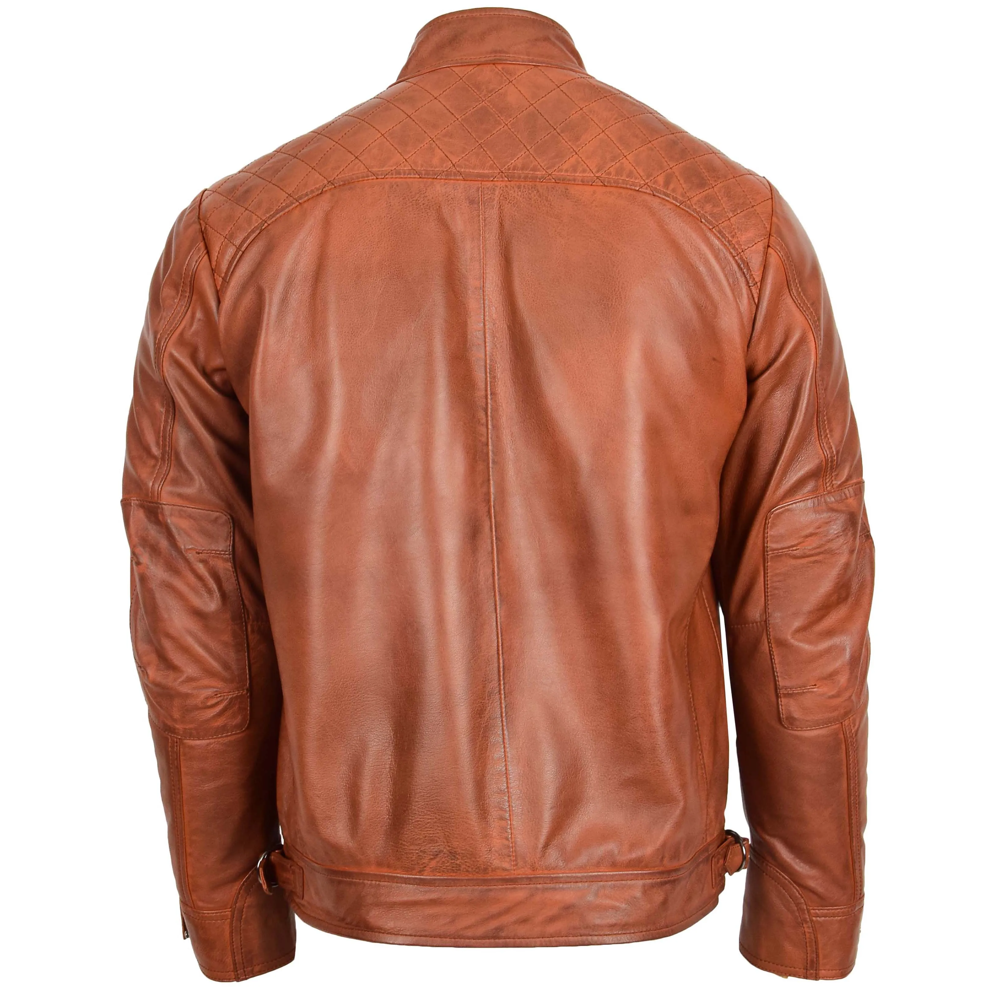 Mens Biker Leather Jacket Standing Collar Bowie Cognac Tan