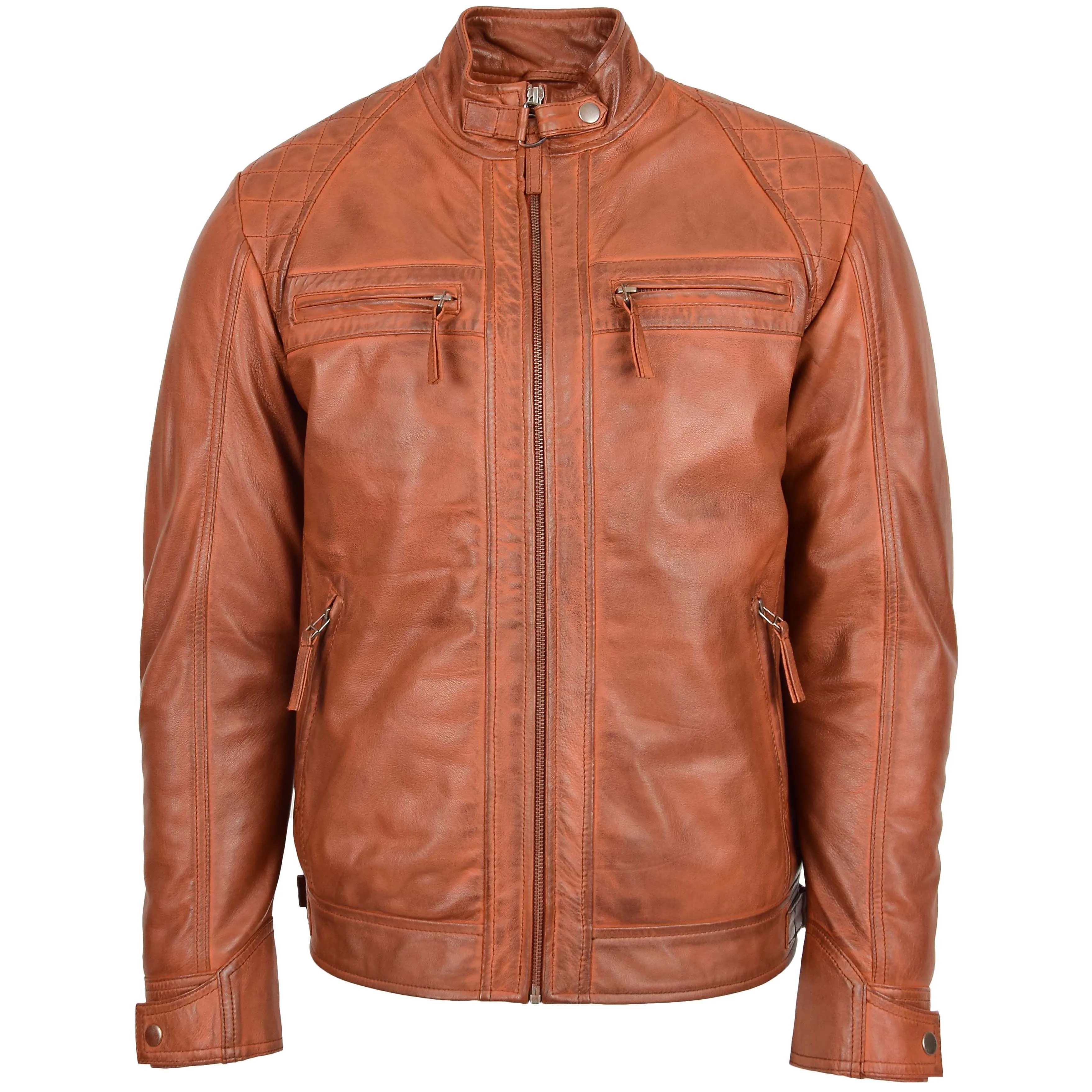 Mens Biker Leather Jacket Standing Collar Bowie Cognac Tan