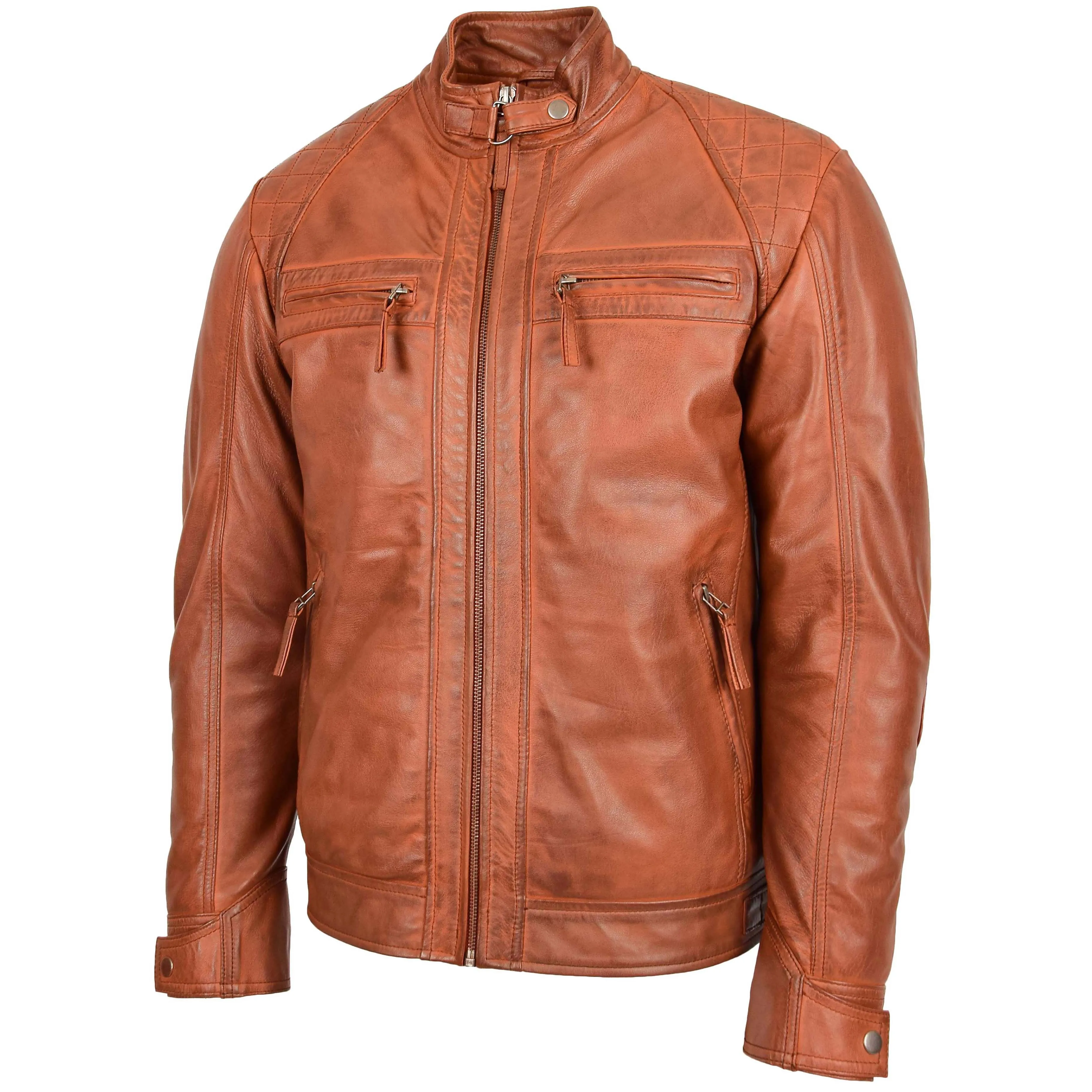 Mens Biker Leather Jacket Standing Collar Bowie Cognac Tan