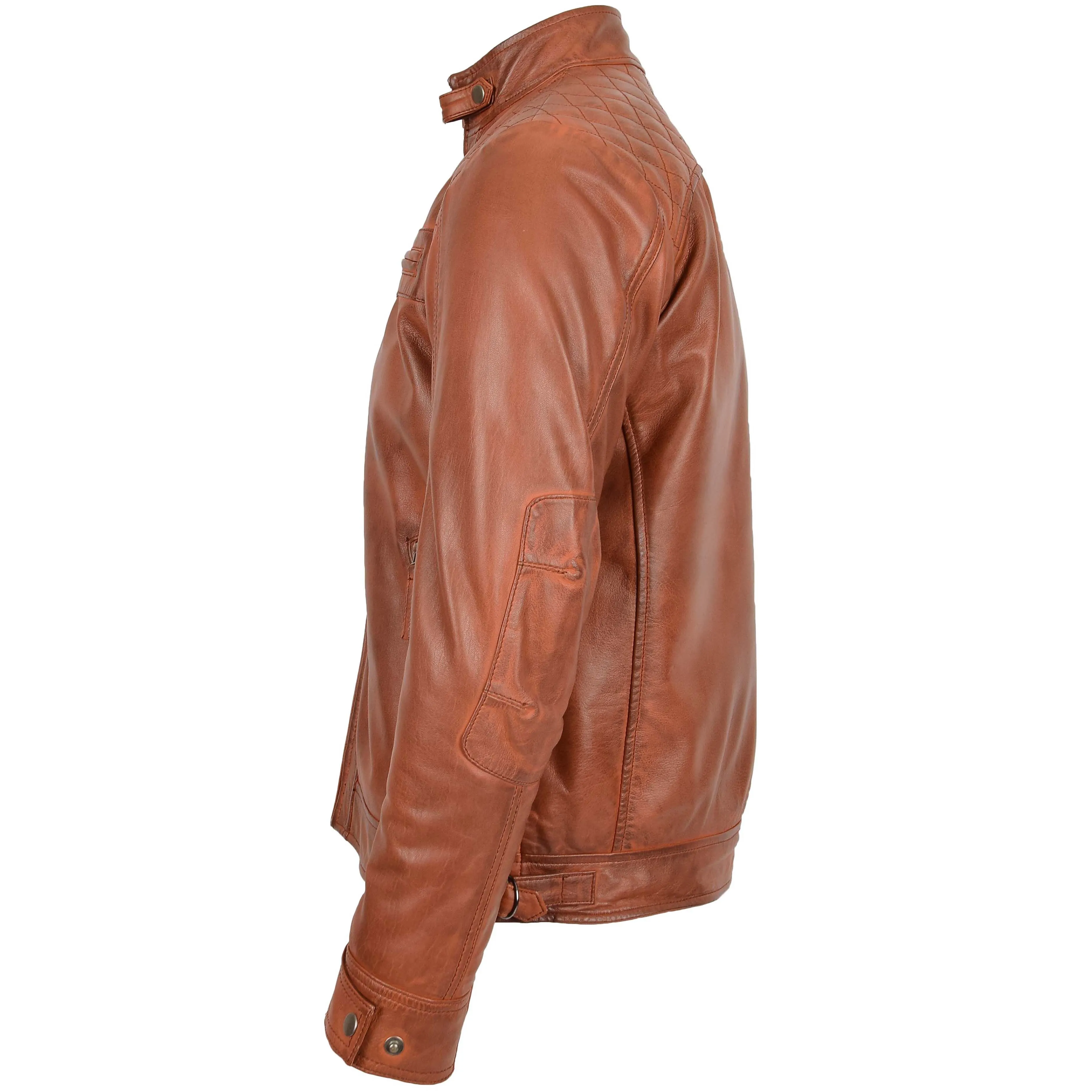 Mens Biker Leather Jacket Standing Collar Bowie Cognac Tan