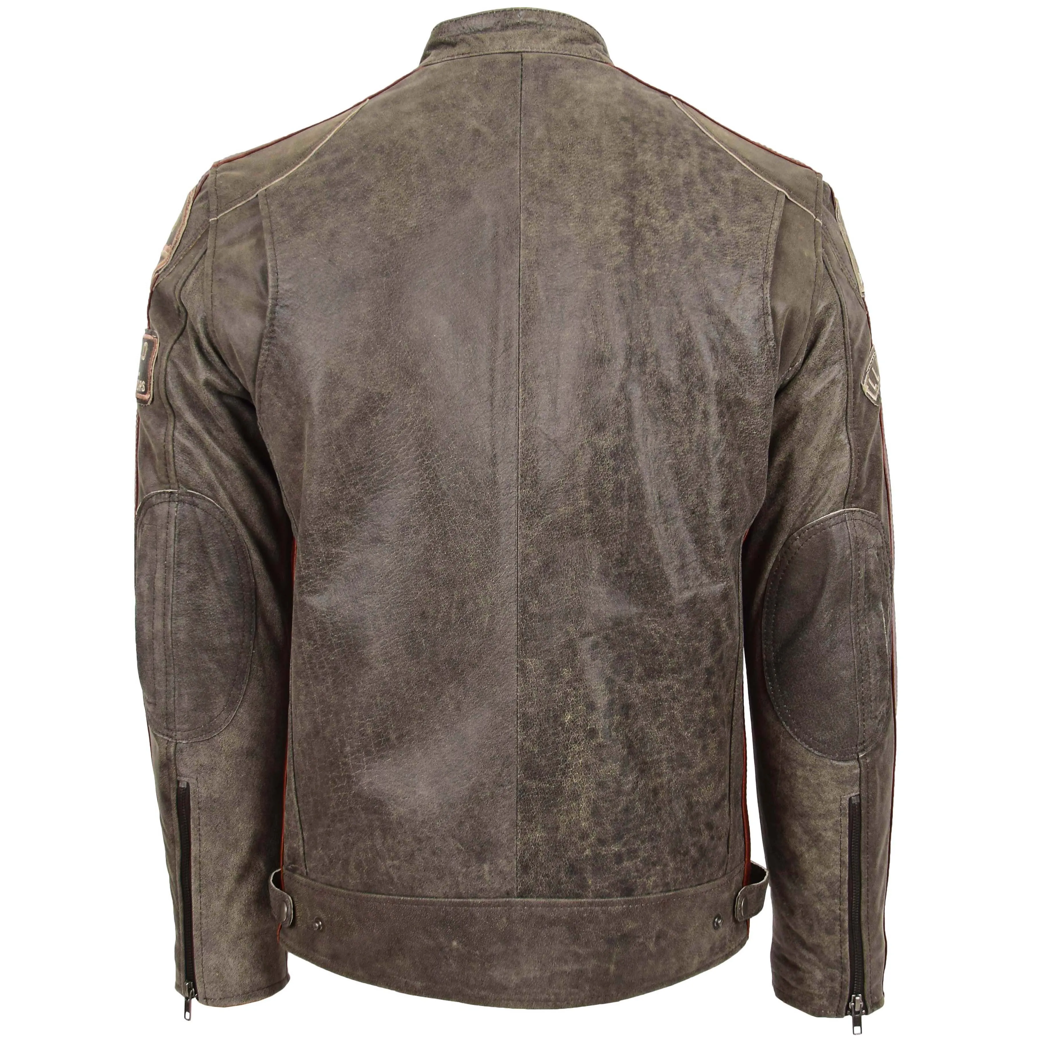 Mens Biker Leather Jacket with Badges Kurt Brown