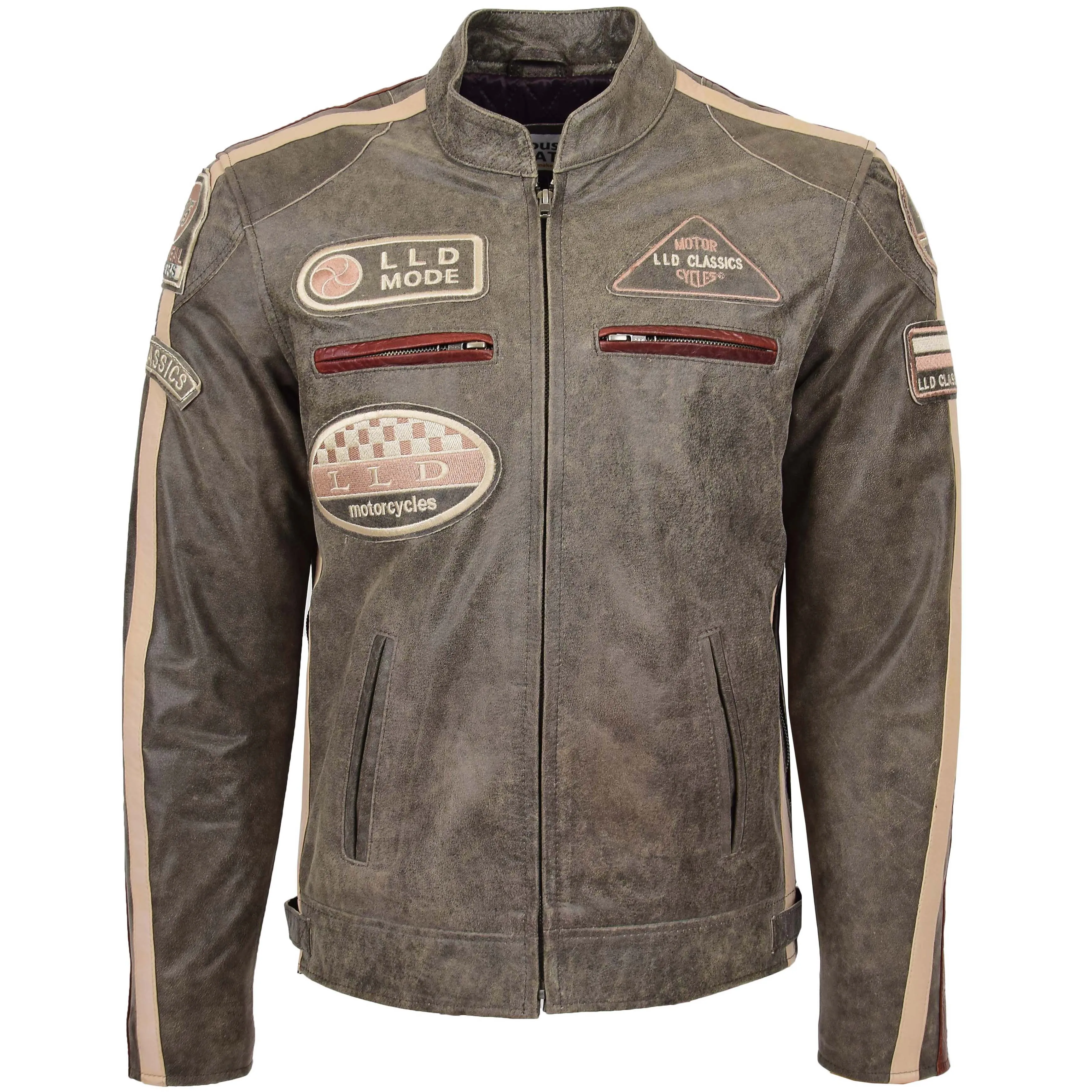 Mens Biker Leather Jacket with Badges Kurt Brown