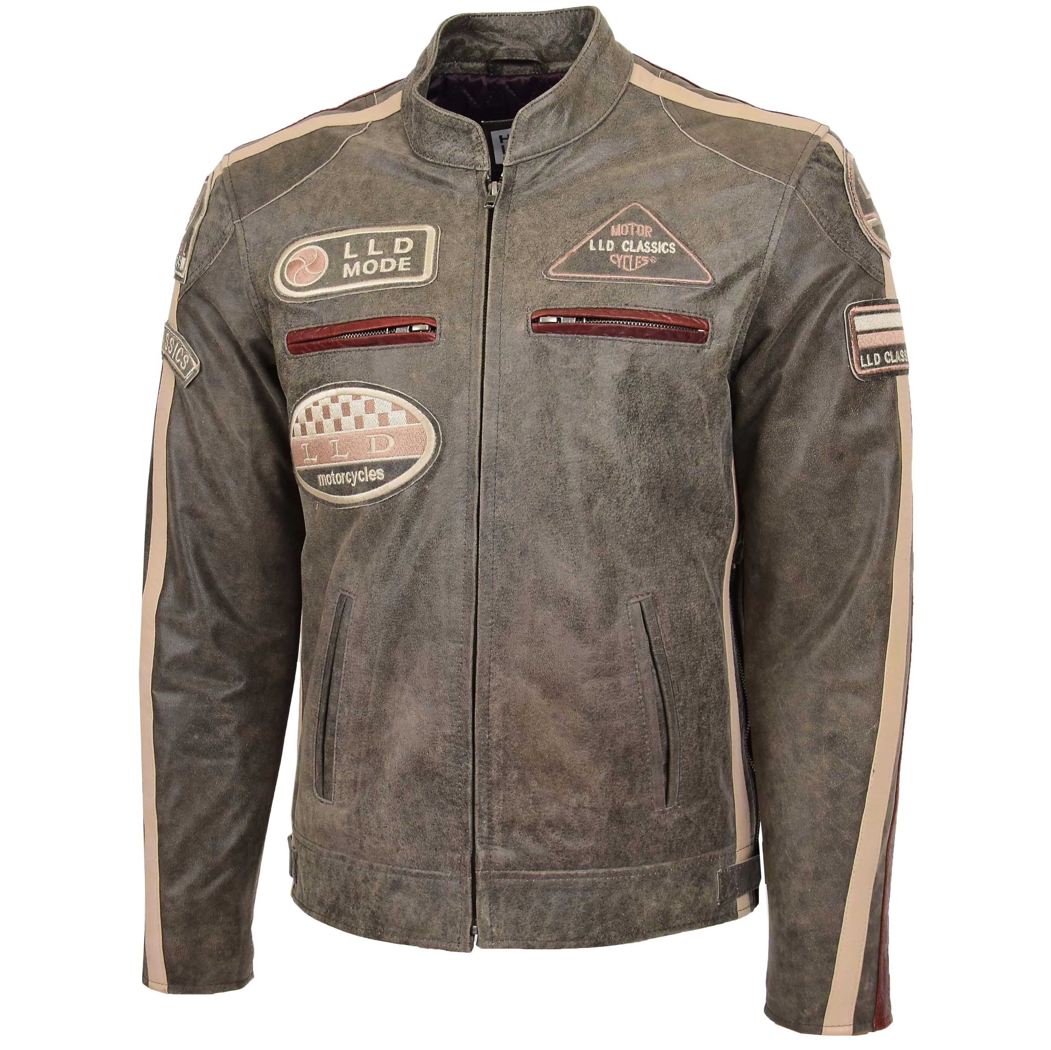 Mens Biker Leather Jacket with Badges Kurt Brown