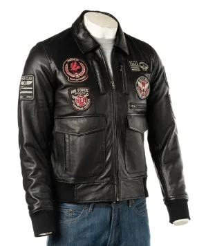 Men's Black Aviator Pilot Flight A2 Style Leather Jacket With Badge Detail: Riccardo