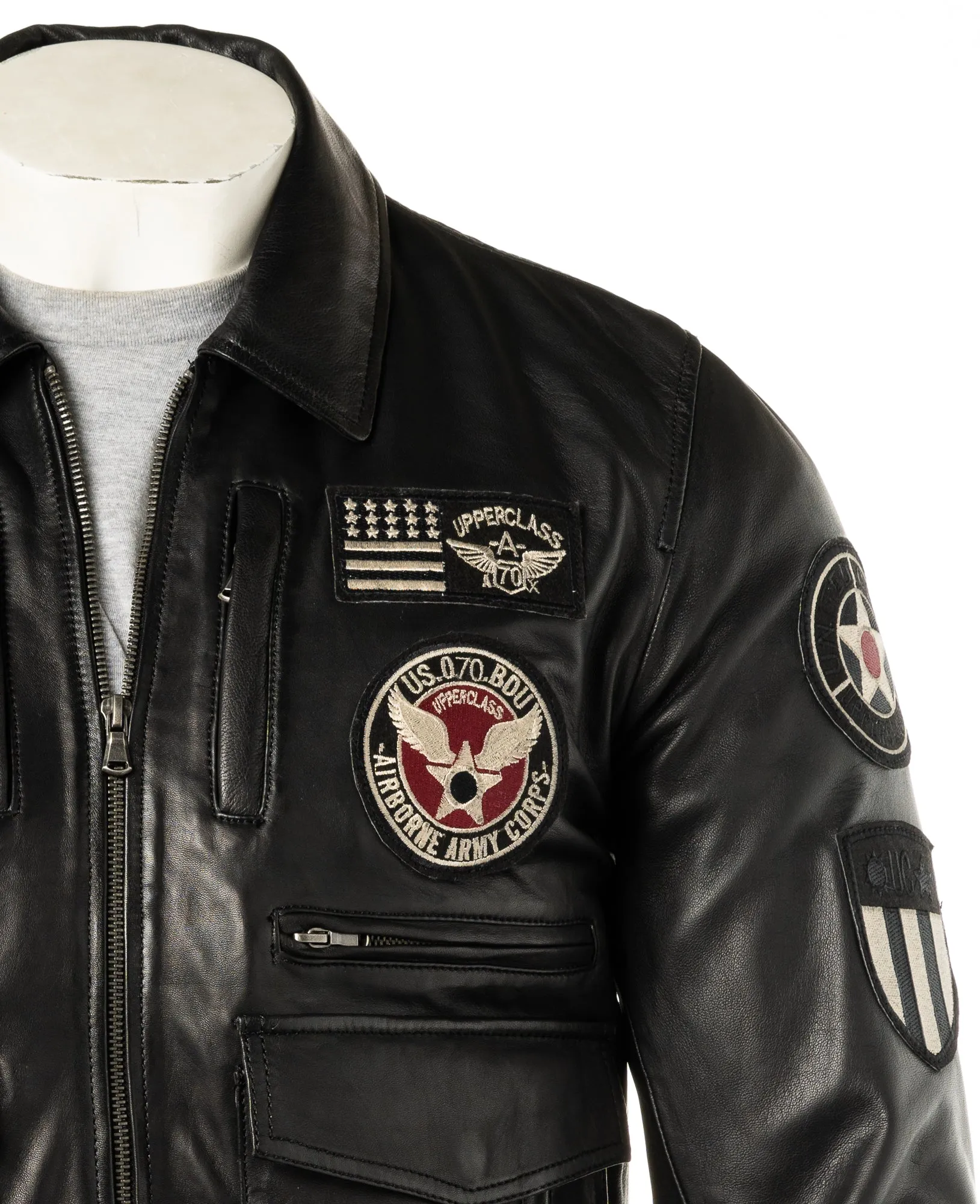 Men's Black Aviator Pilot Flight A2 Style Leather Jacket With Badge Detail: Riccardo