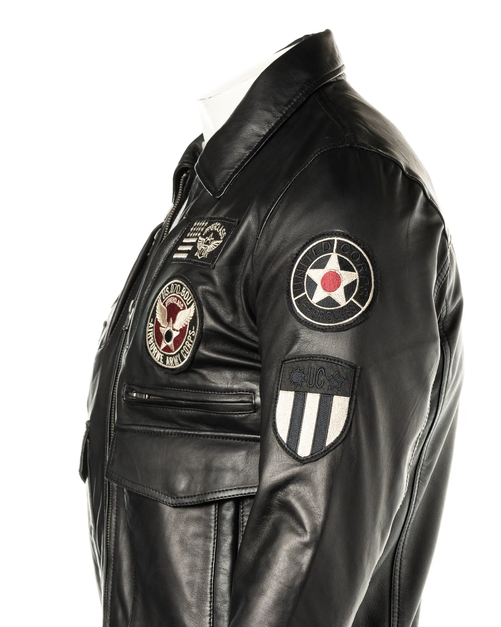 Men's Black Aviator Pilot Flight A2 Style Leather Jacket With Badge Detail: Riccardo