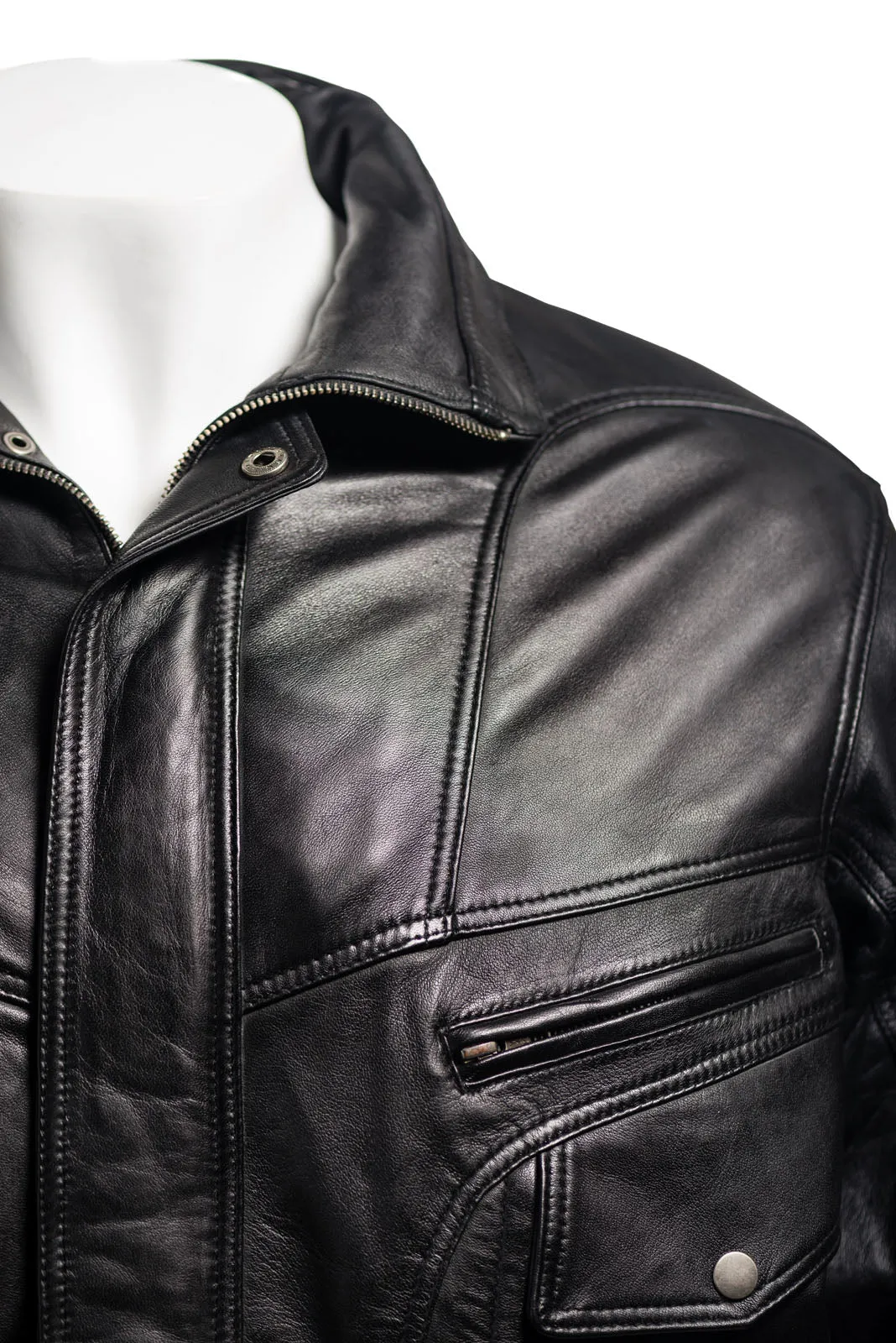 Men's Black Pocket Detail Blouson Style Leather Jacket: Marco