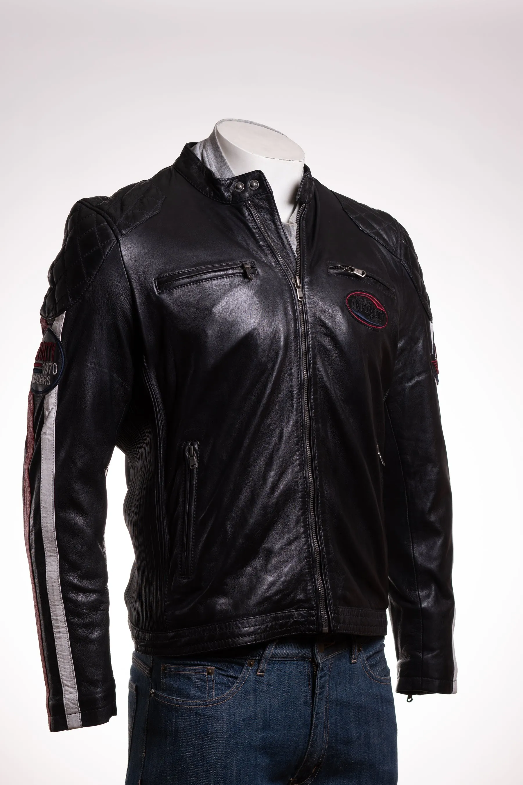 Men's Black Retro Quilted Shoulder Leather Racer Jacket: Andre