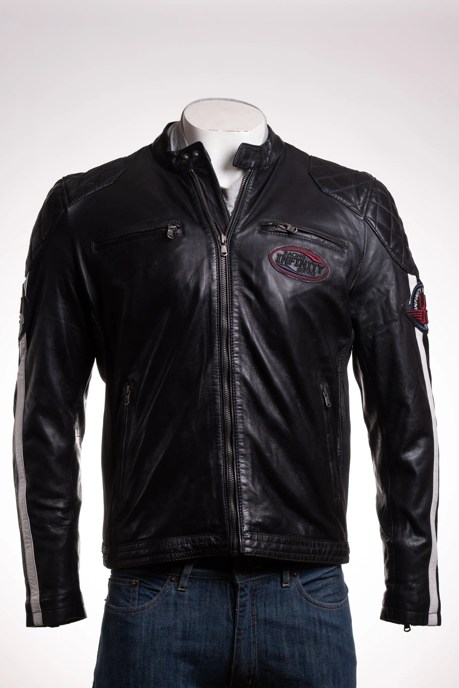 Men's Black Retro Quilted Shoulder Leather Racer Jacket: Andre