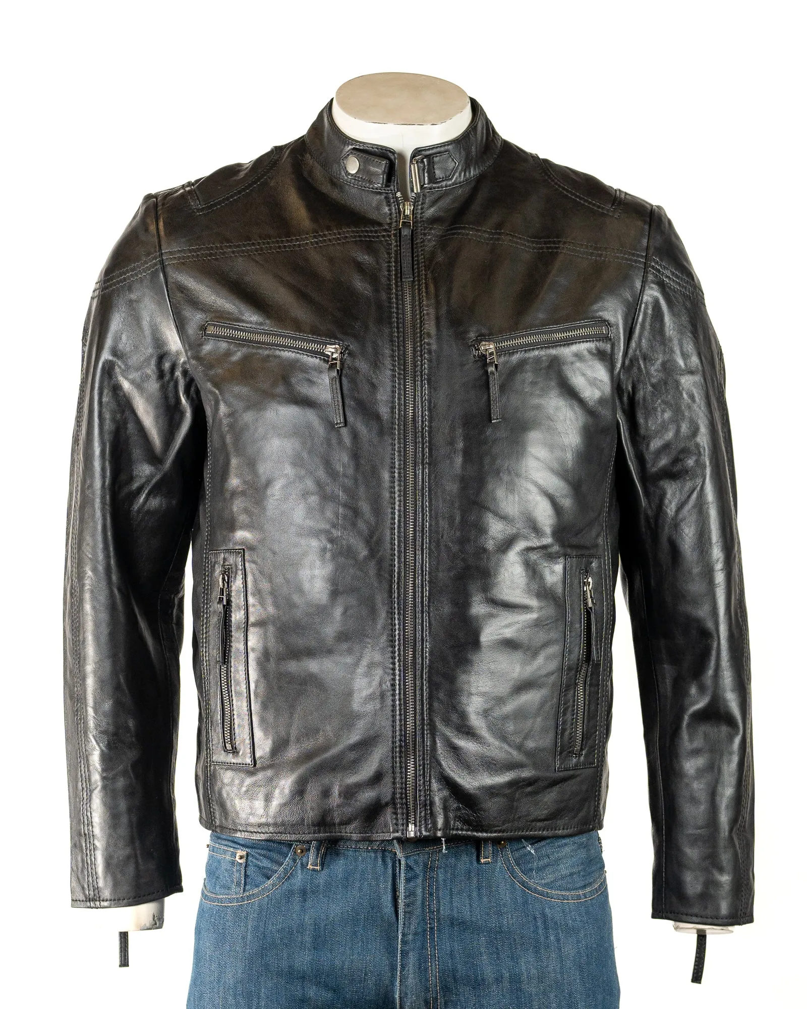 Men's Black Stitch detail Biker Style Leather Jacket: Eli