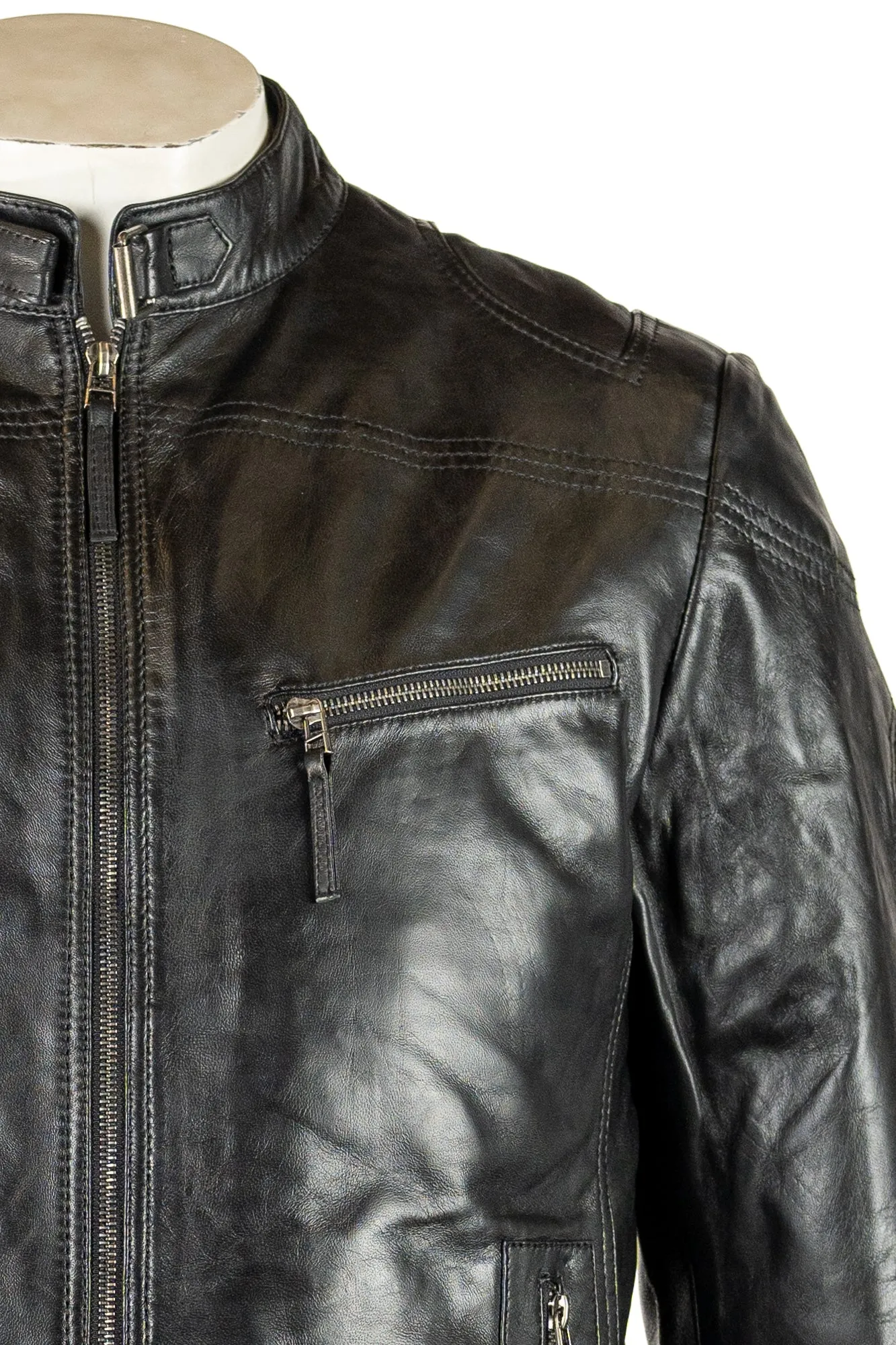 Men's Black Stitch detail Biker Style Leather Jacket: Eli