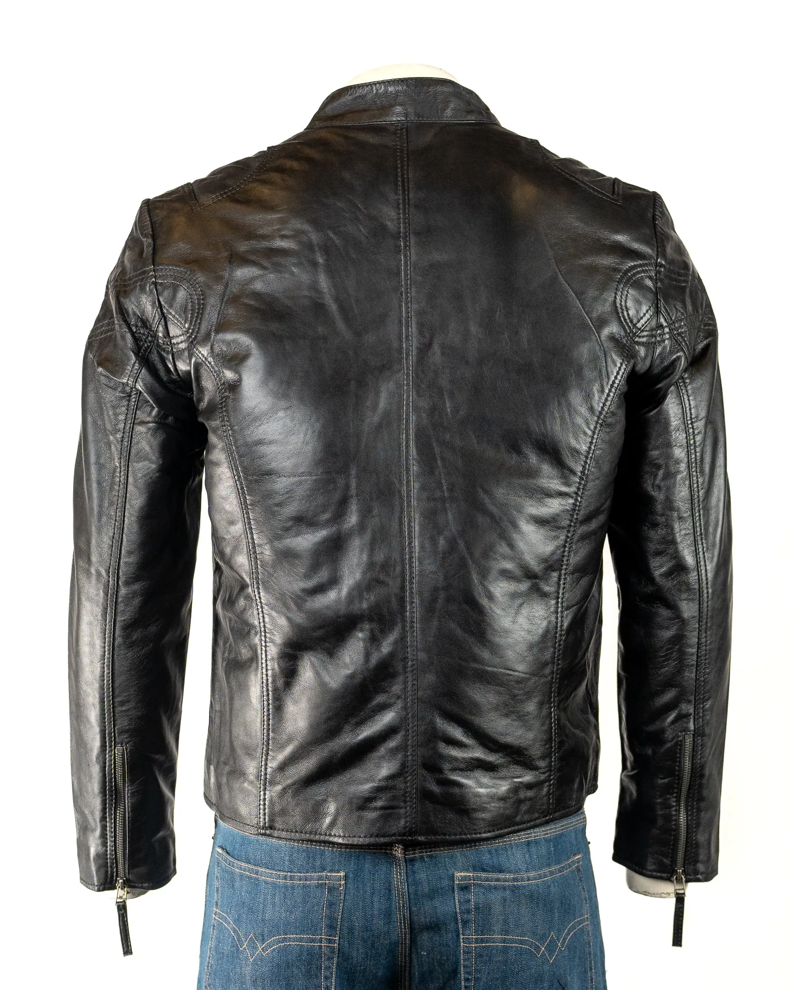 Men's Black Stitch detail Biker Style Leather Jacket: Eli