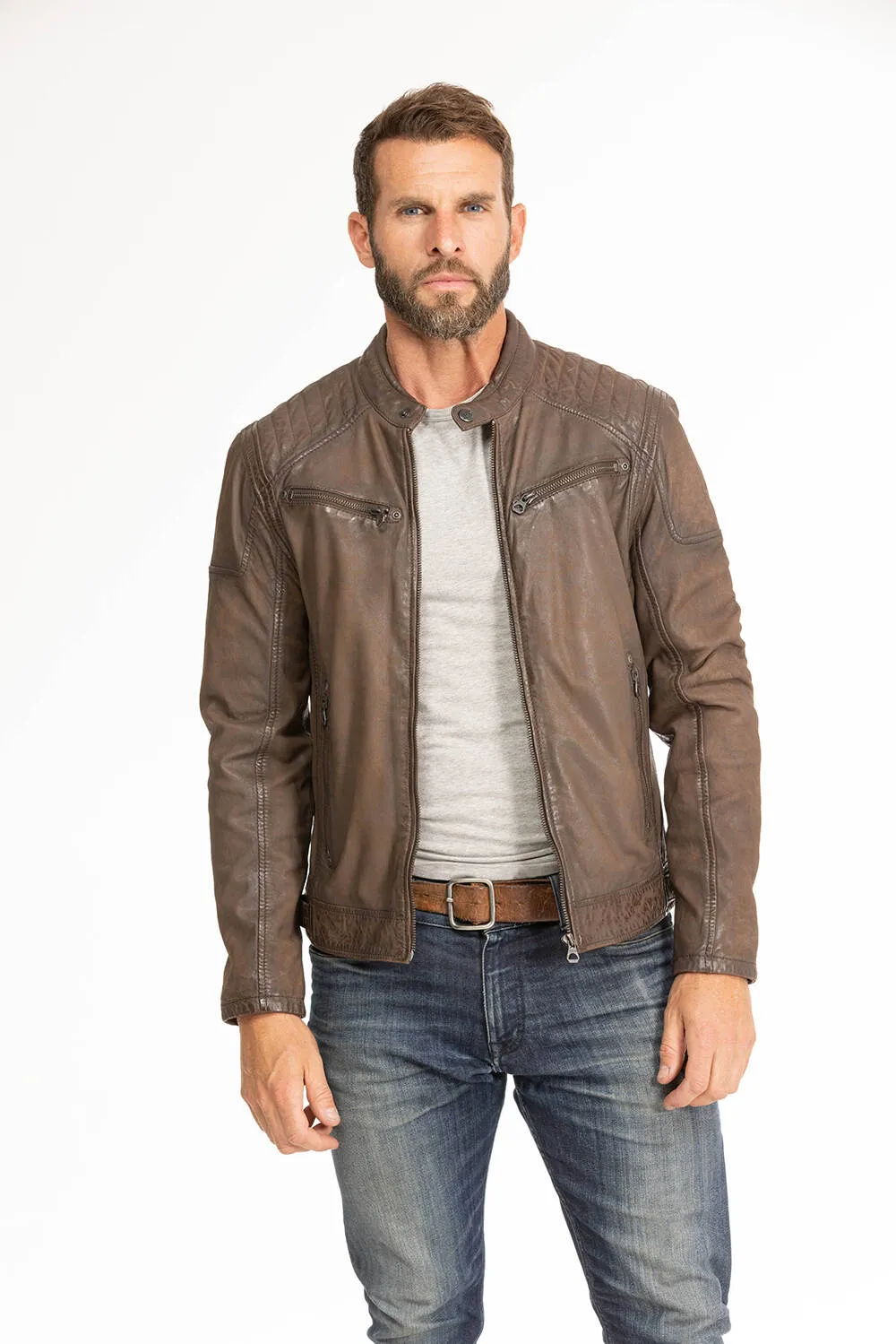 Men's brown leather jacket in gypsy motorcycle style 1201-0485