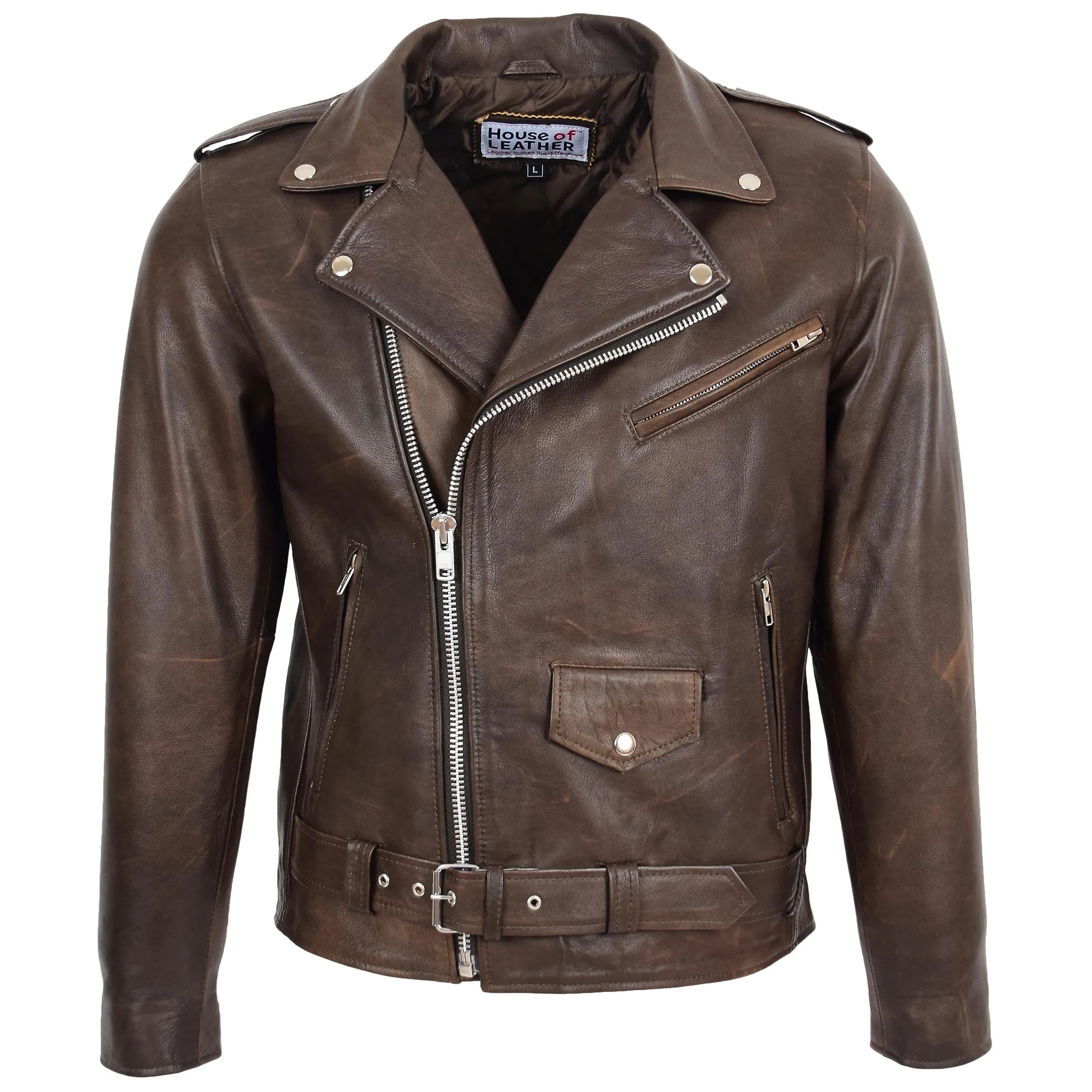 Mens Heavy Duty Leather Biker Brando Jacket Kyle Antique Brown