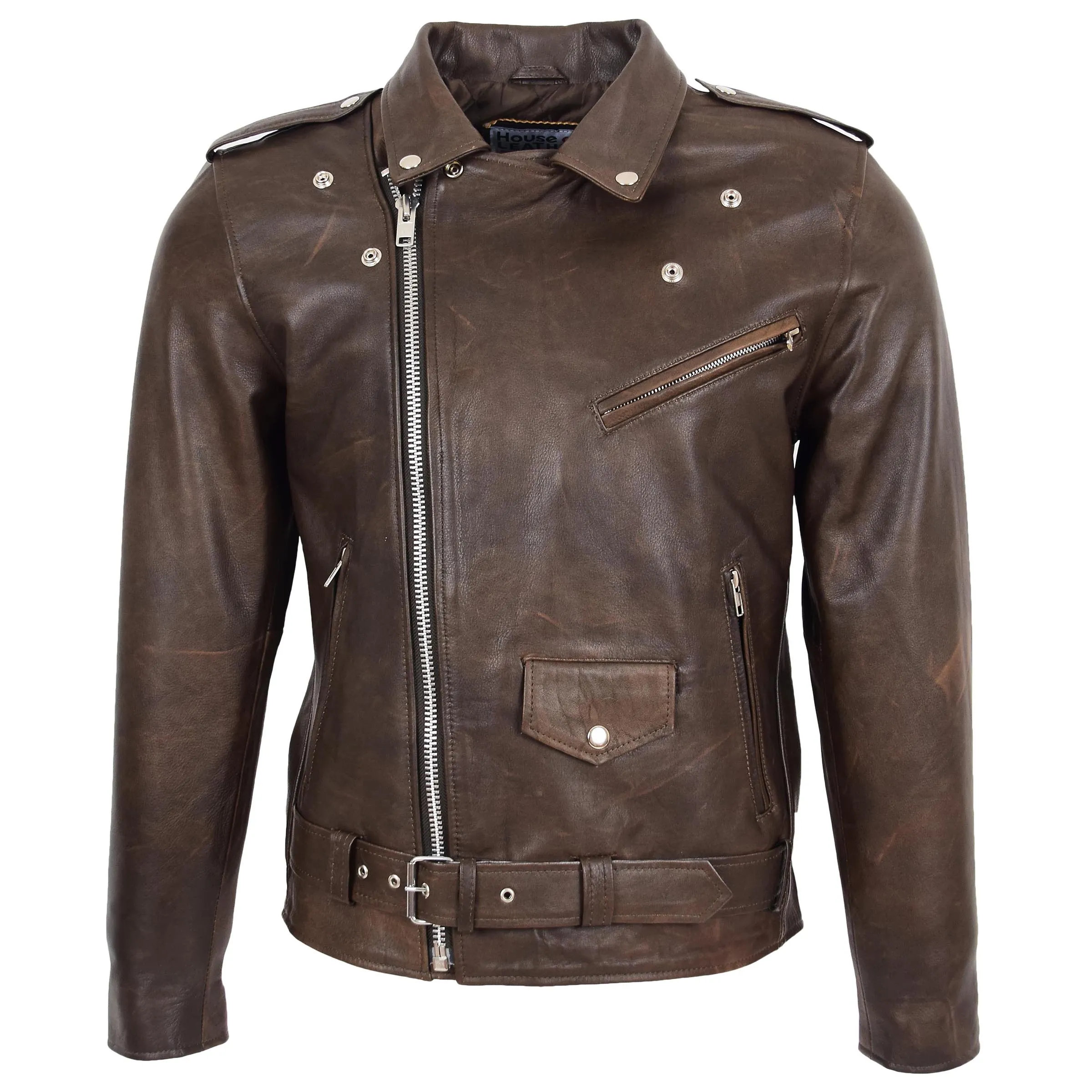 Mens Heavy Duty Leather Biker Brando Jacket Kyle Antique Brown