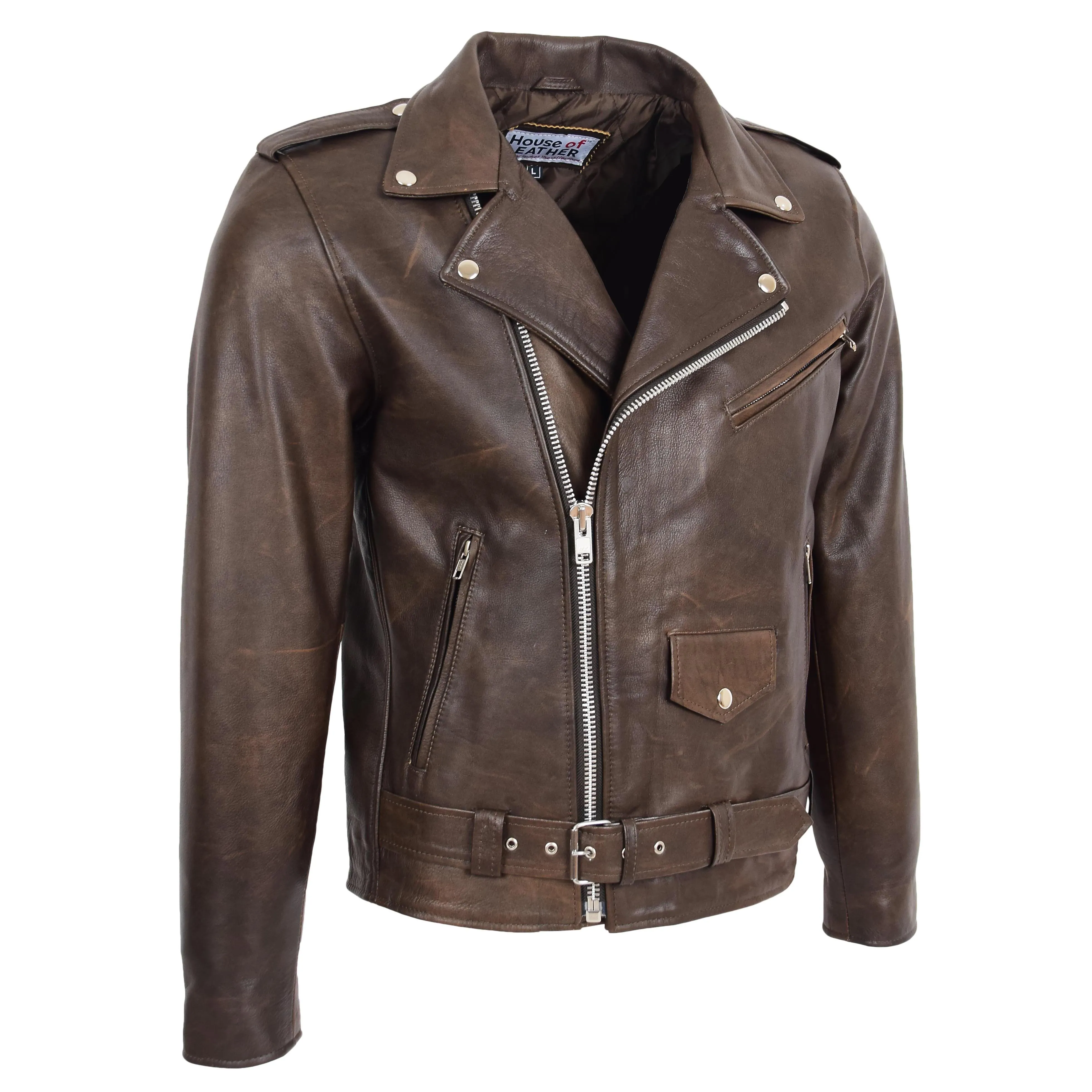 Mens Heavy Duty Leather Biker Brando Jacket Kyle Antique Brown