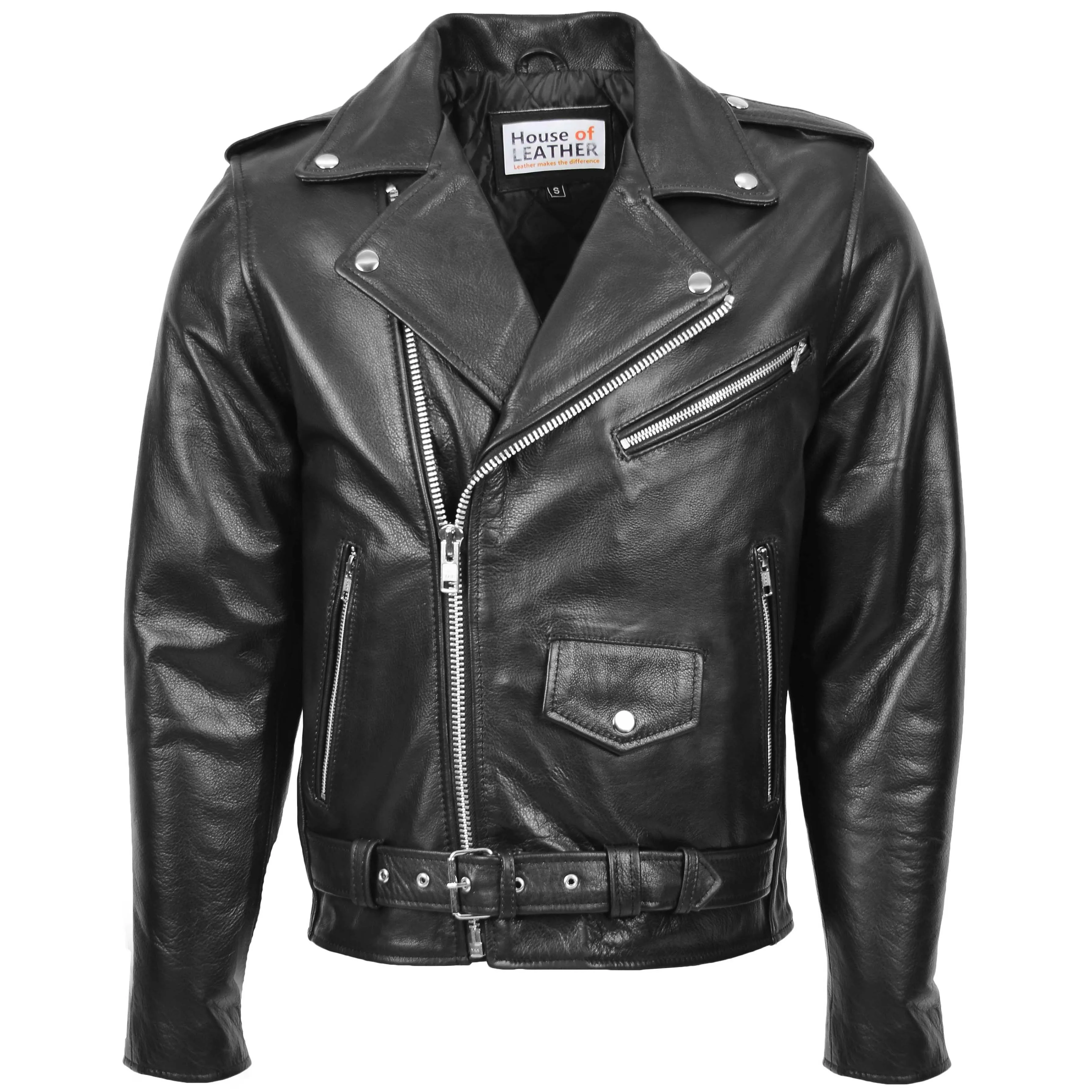 Mens Heavy Duty Leather Biker Brando Jacket Kyle Black