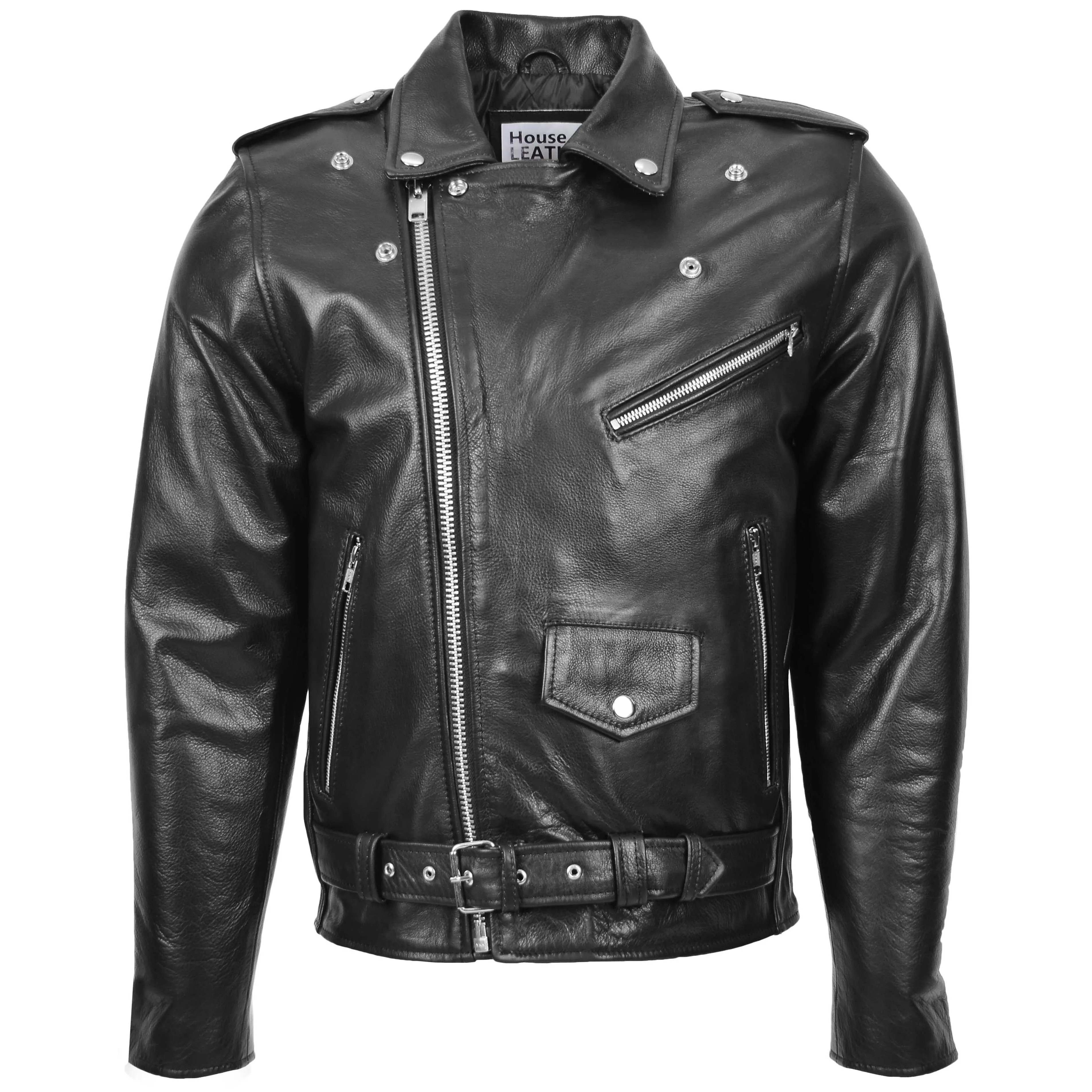 Mens Heavy Duty Leather Biker Brando Jacket Kyle Black