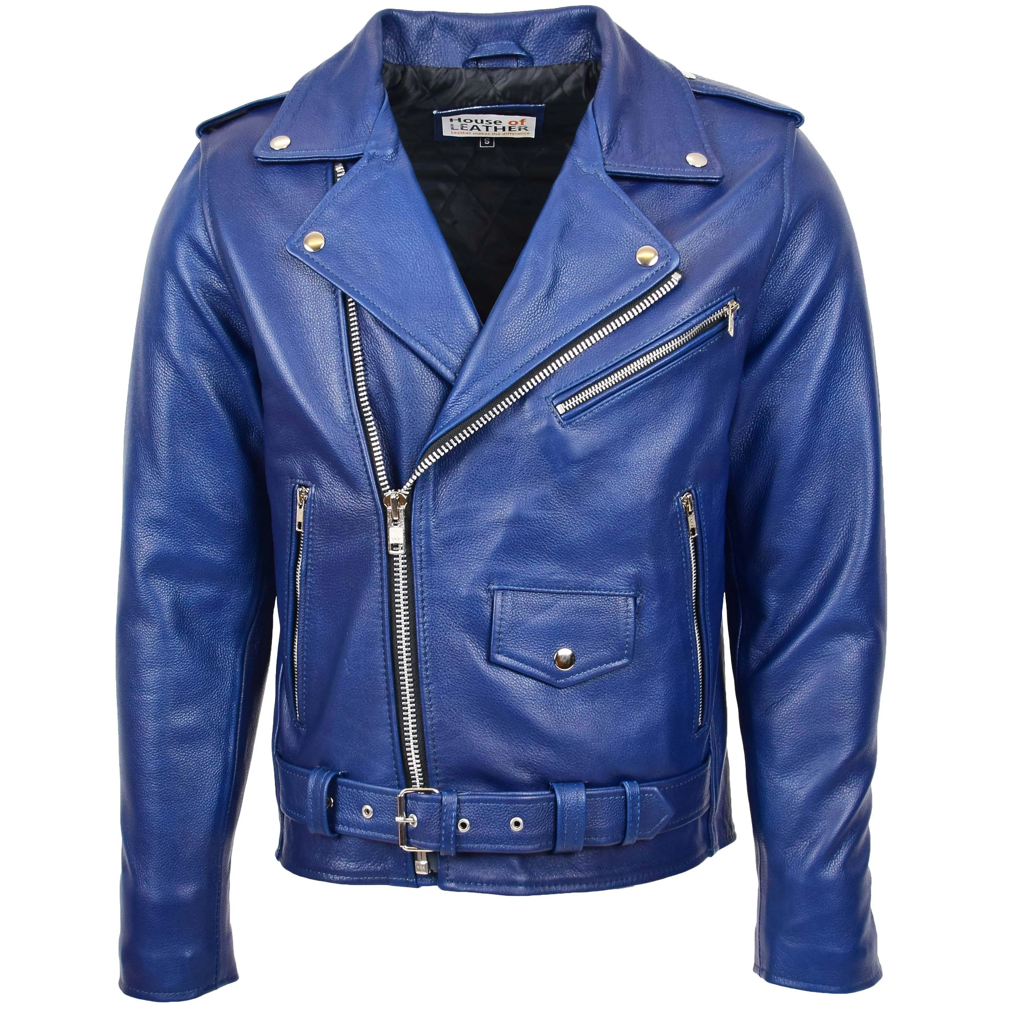 Mens Heavy Duty Leather Biker Brando Jacket Kyle Blue