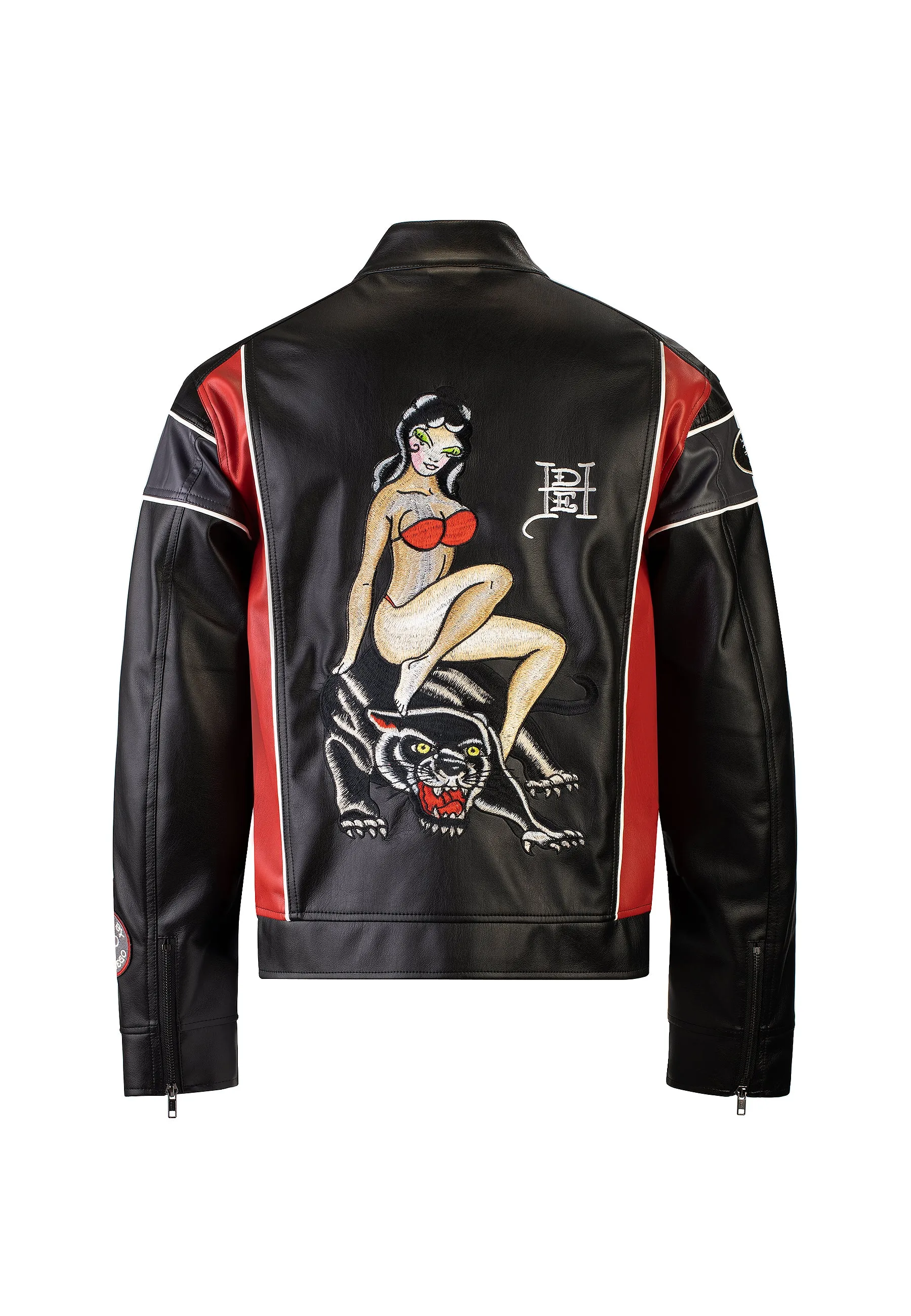 Mens Holly Panther Vegan Leather Motocross Jacket - Black/Red